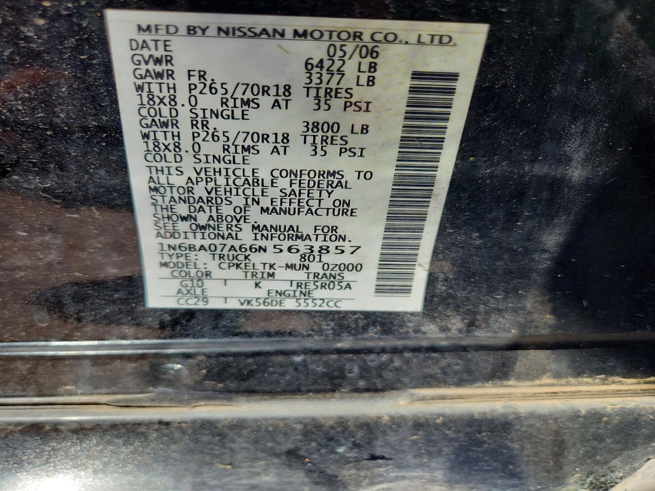 2006 Nissan Titan Xe Ffv Черный vin: 1N6BA07A66N563857