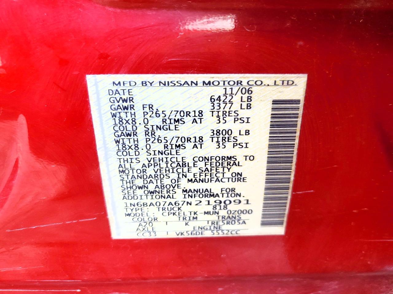 2007 Nissan Titan Xe Ffv Red vin: 1N6BA07A67N219091