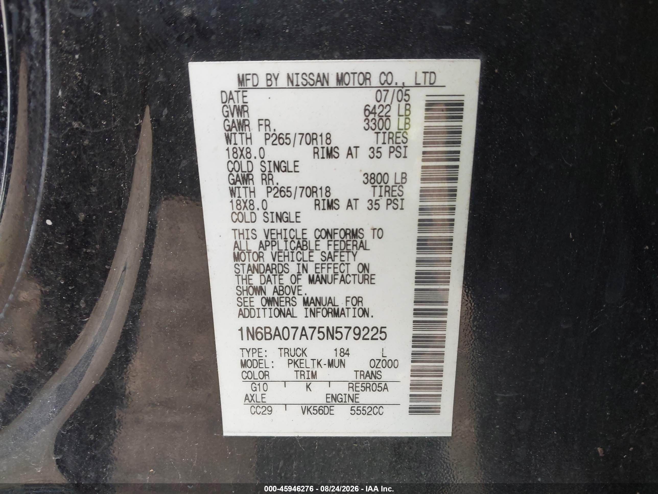 2005 Nissan Titan Se Черный vin: 1N6BA07A75N579225