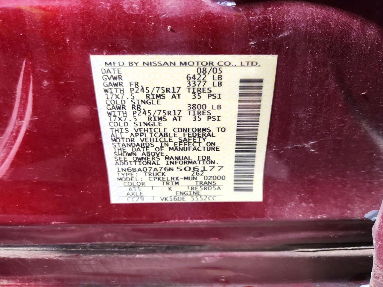 2006 Nissan Titan Xe Ffv Maroon vin: 1N6BA07A76N506177
