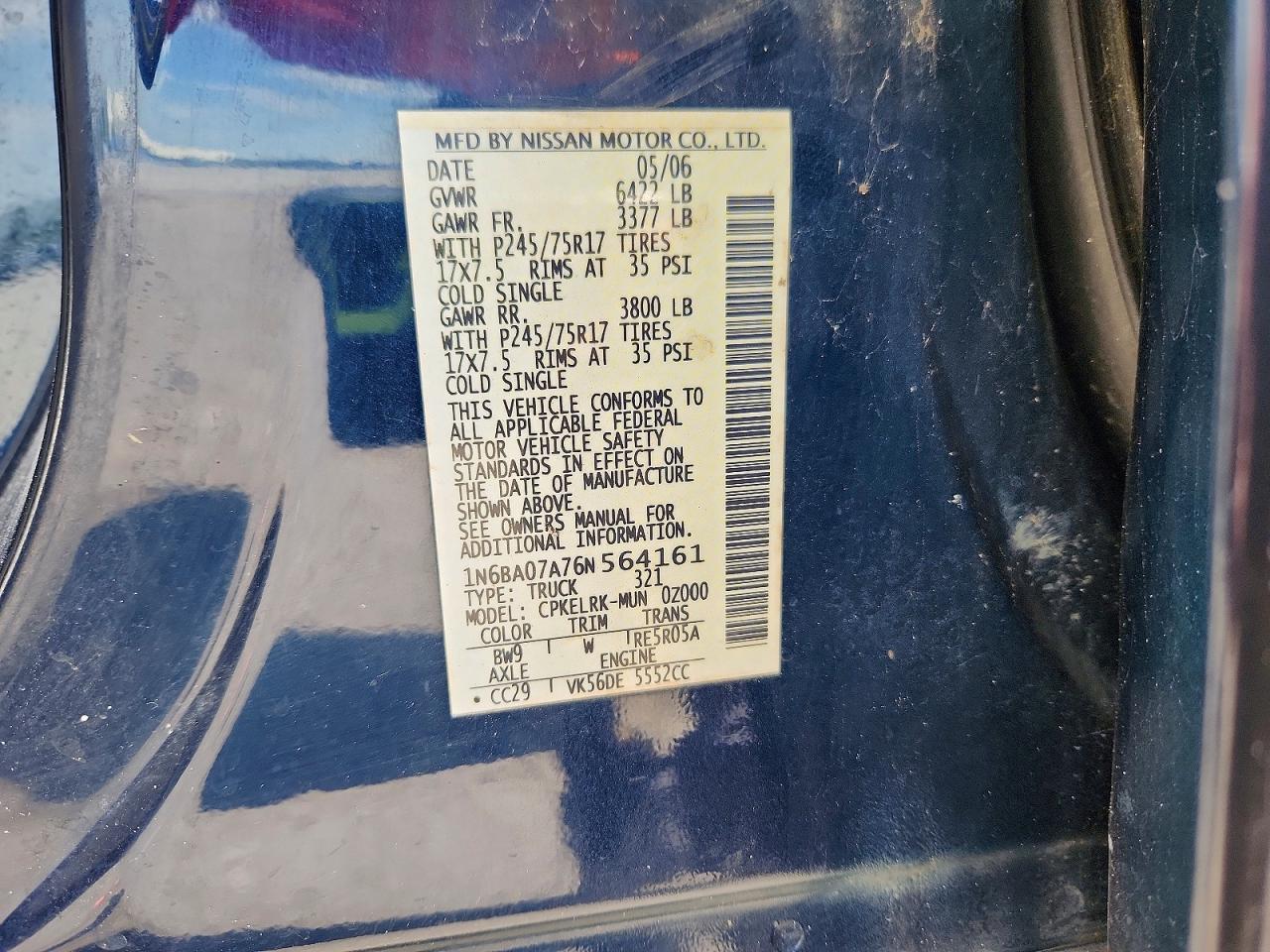 2006 Nissan Titan Xe Ffv Blue vin: 1N6BA07A76N564161