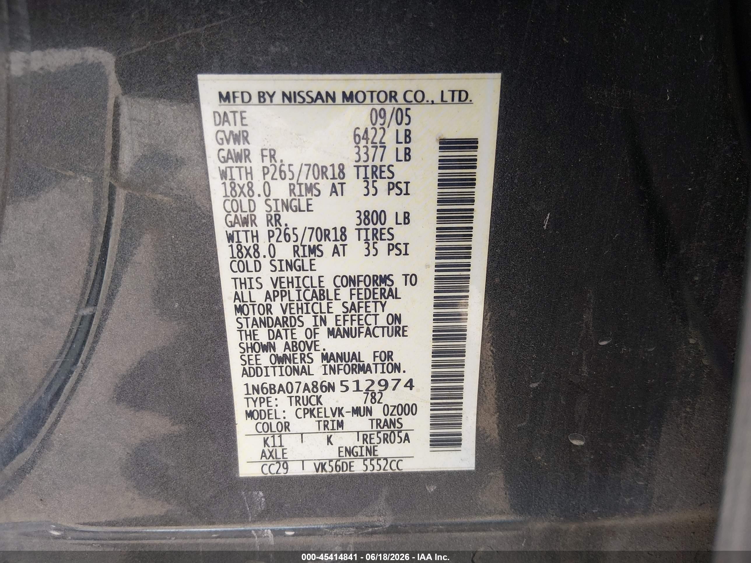 2006 Nissan Titan Le Gray vin: 1N6BA07A86N512974