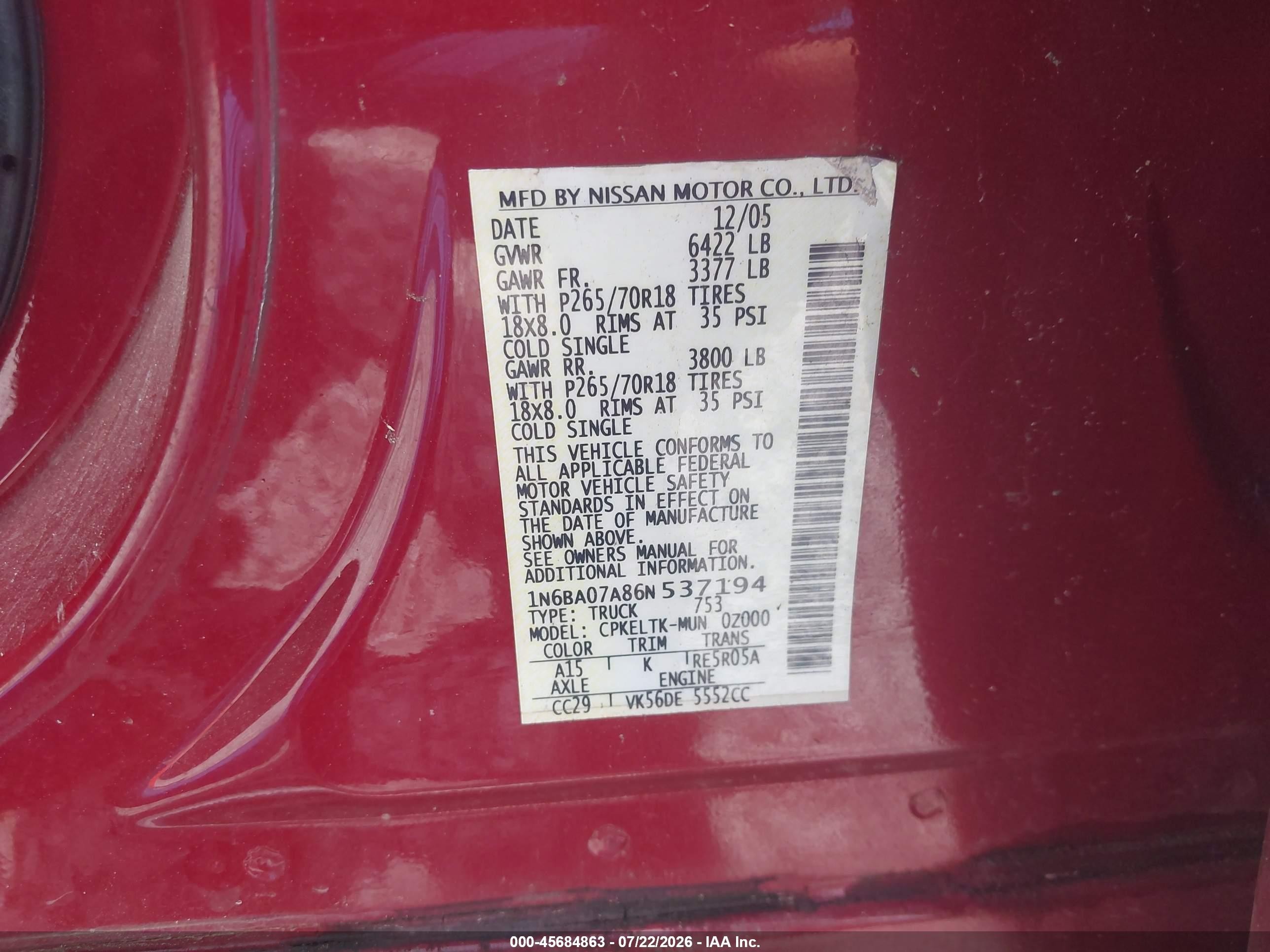 2006 Nissan Titan Se Красный vin: 1N6BA07A86N537194