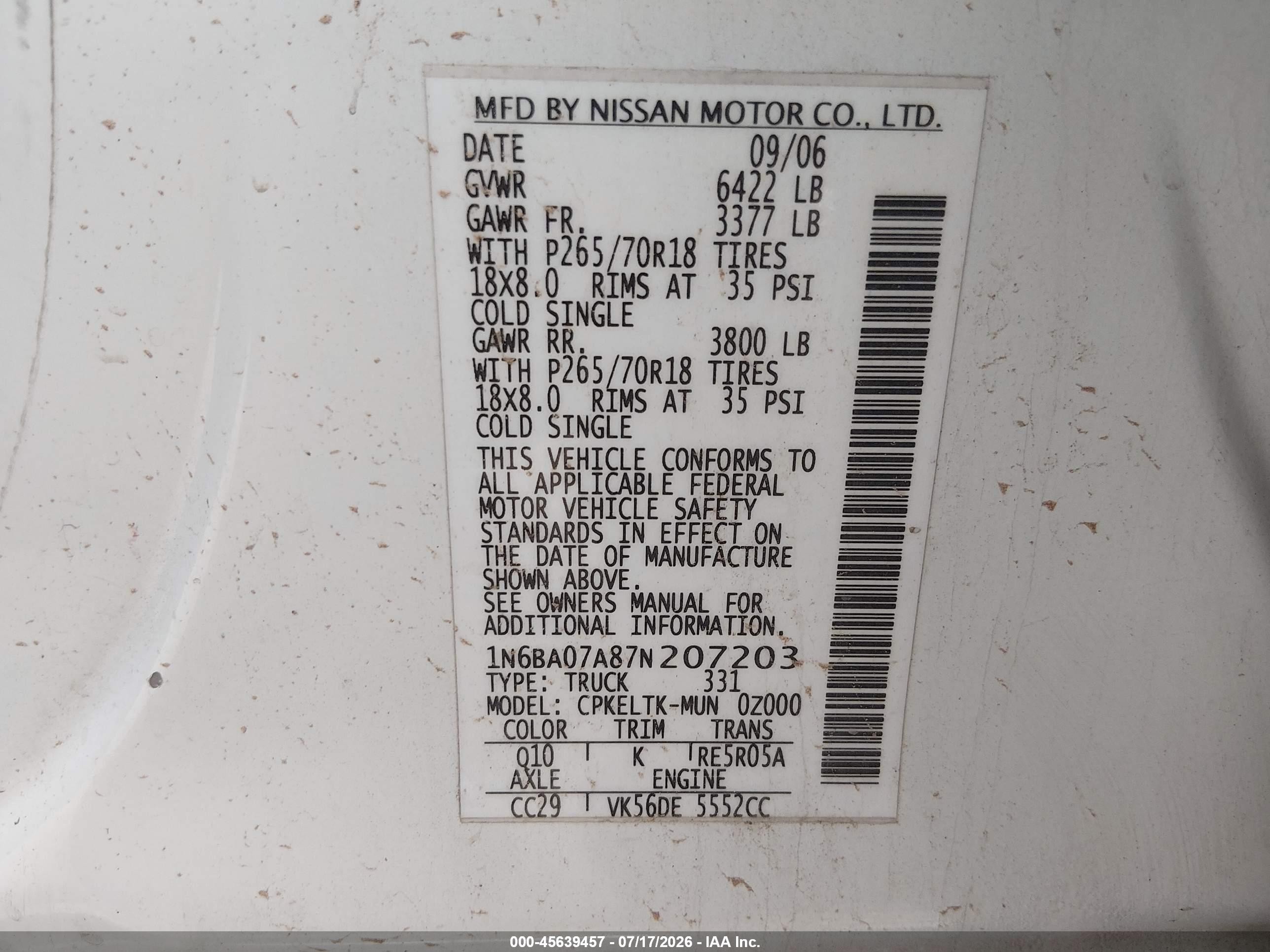 2007 Nissan Titan Se White vin: 1N6BA07A87N207203