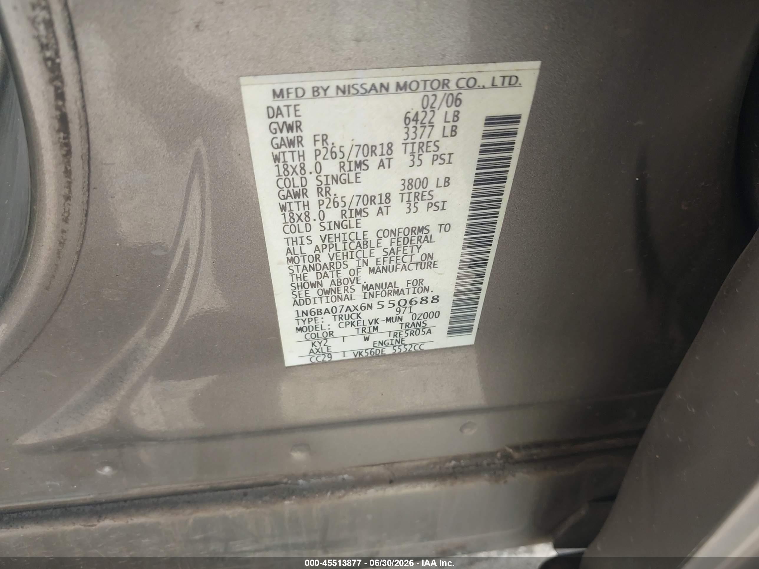 2006 Nissan Titan Le Beige vin: 1N6BA07AX6N550688