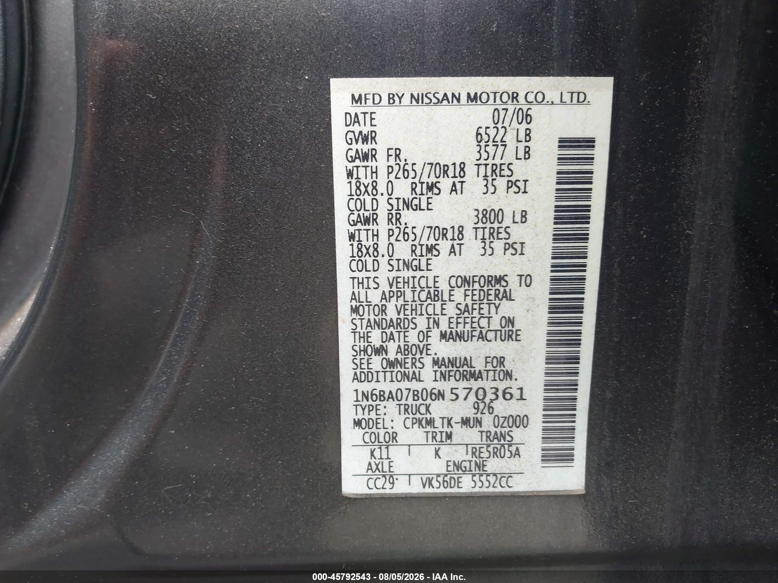 2006 Nissan Titan Se Серый vin: 1N6BA07B06N570361