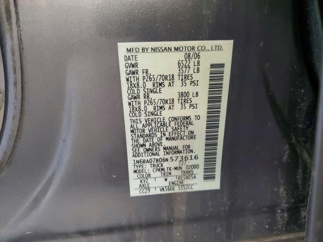 2006 Nissan Titan Xe Ffv Gray vin: 1N6BA07B06N573616