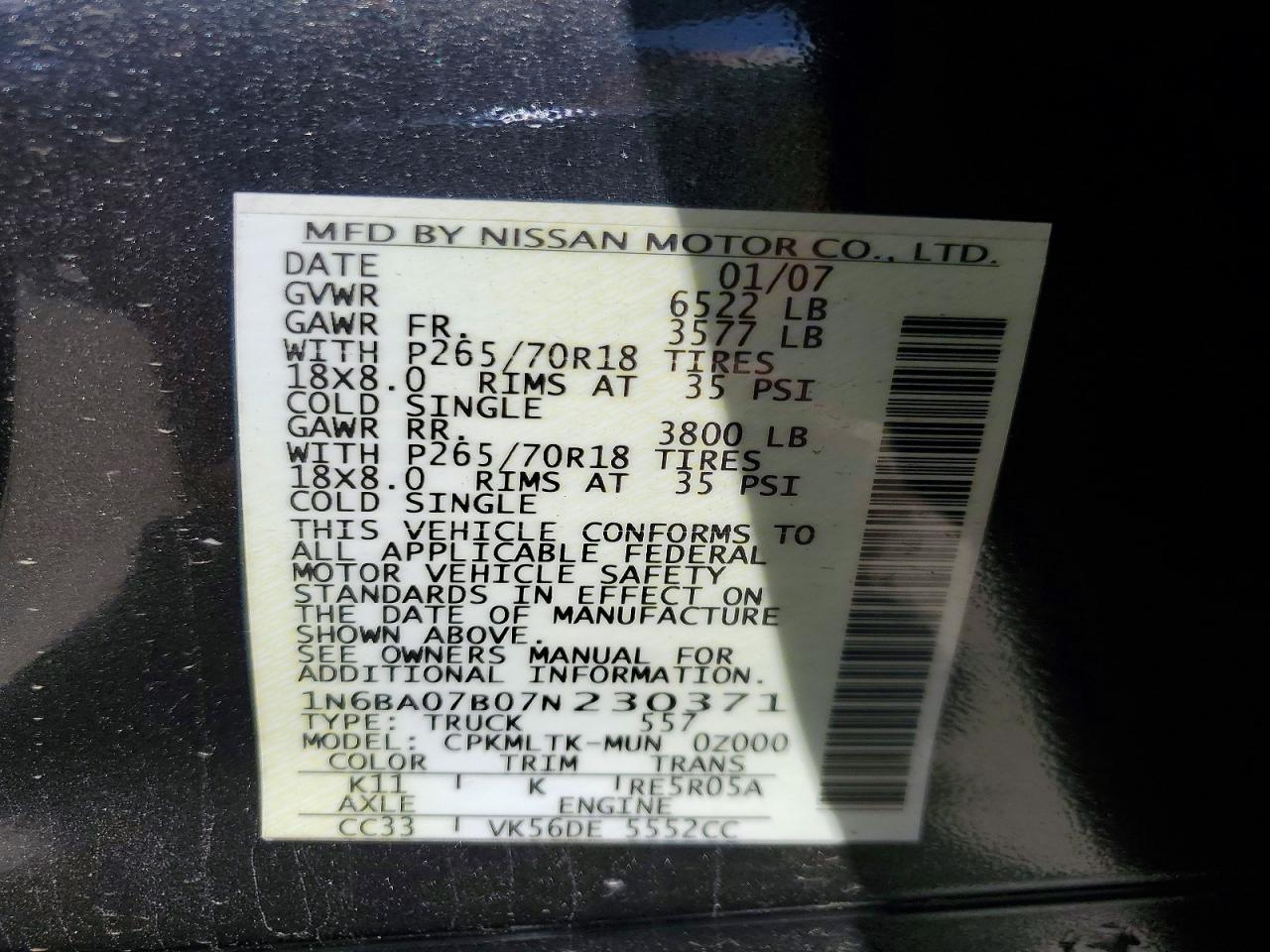 2007 Nissan Titan Xe Ffv Gray vin: 1N6BA07B07N230371