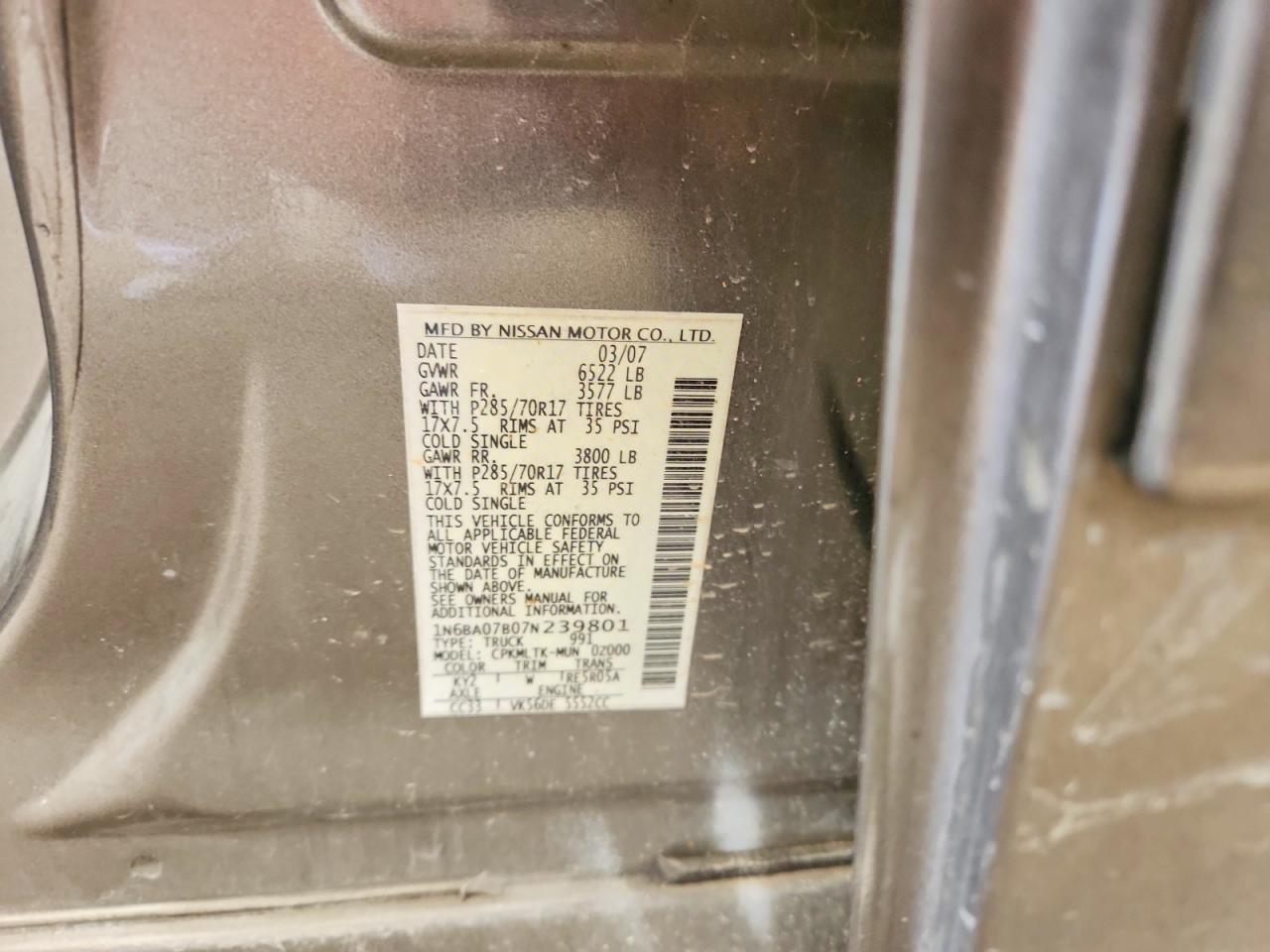 2007 Nissan Titan Xe Ffv Серый vin: 1N6BA07B07N239801