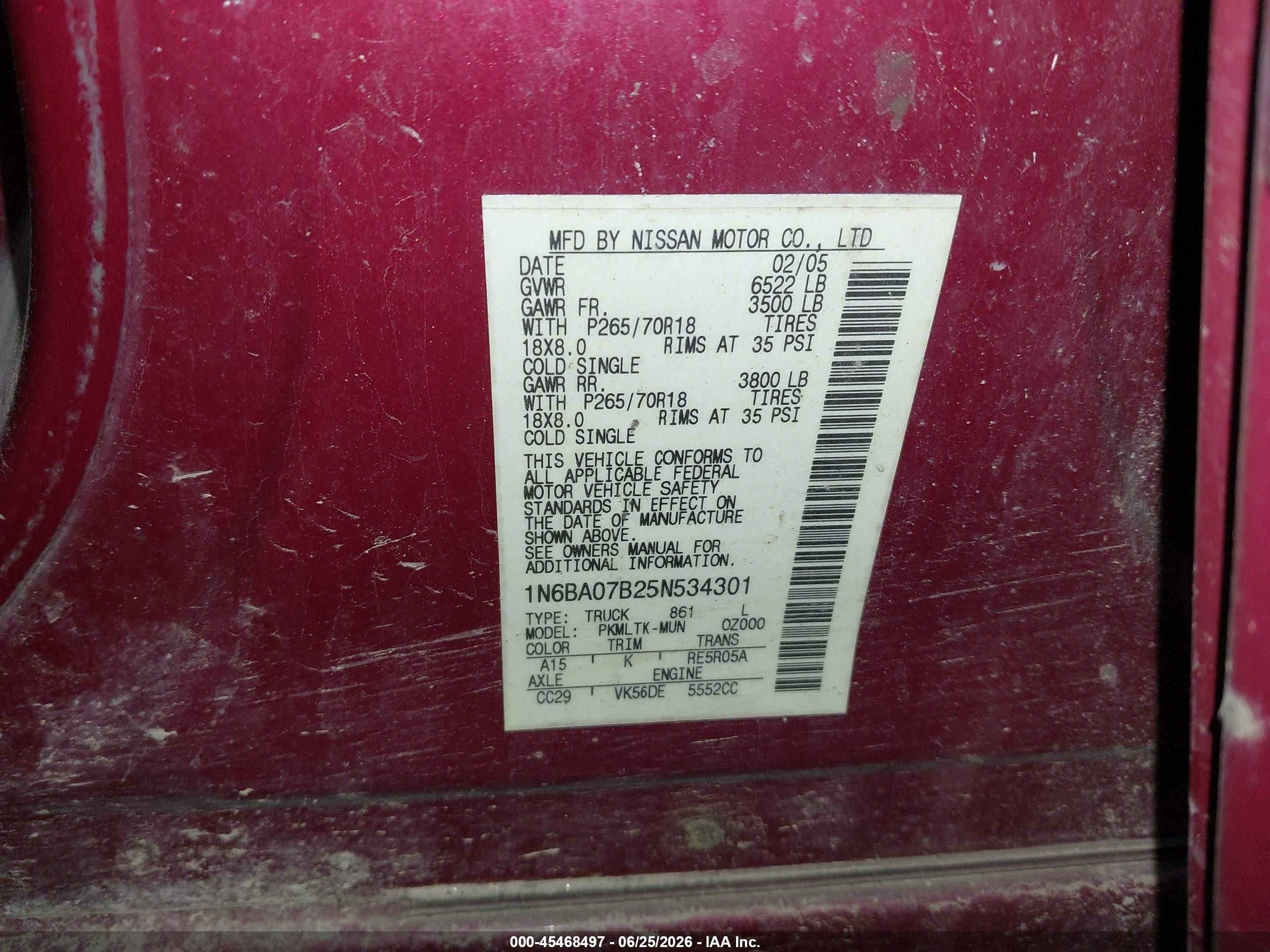 2005 Nissan Titan Se Burgundy vin: 1N6BA07B25N534301