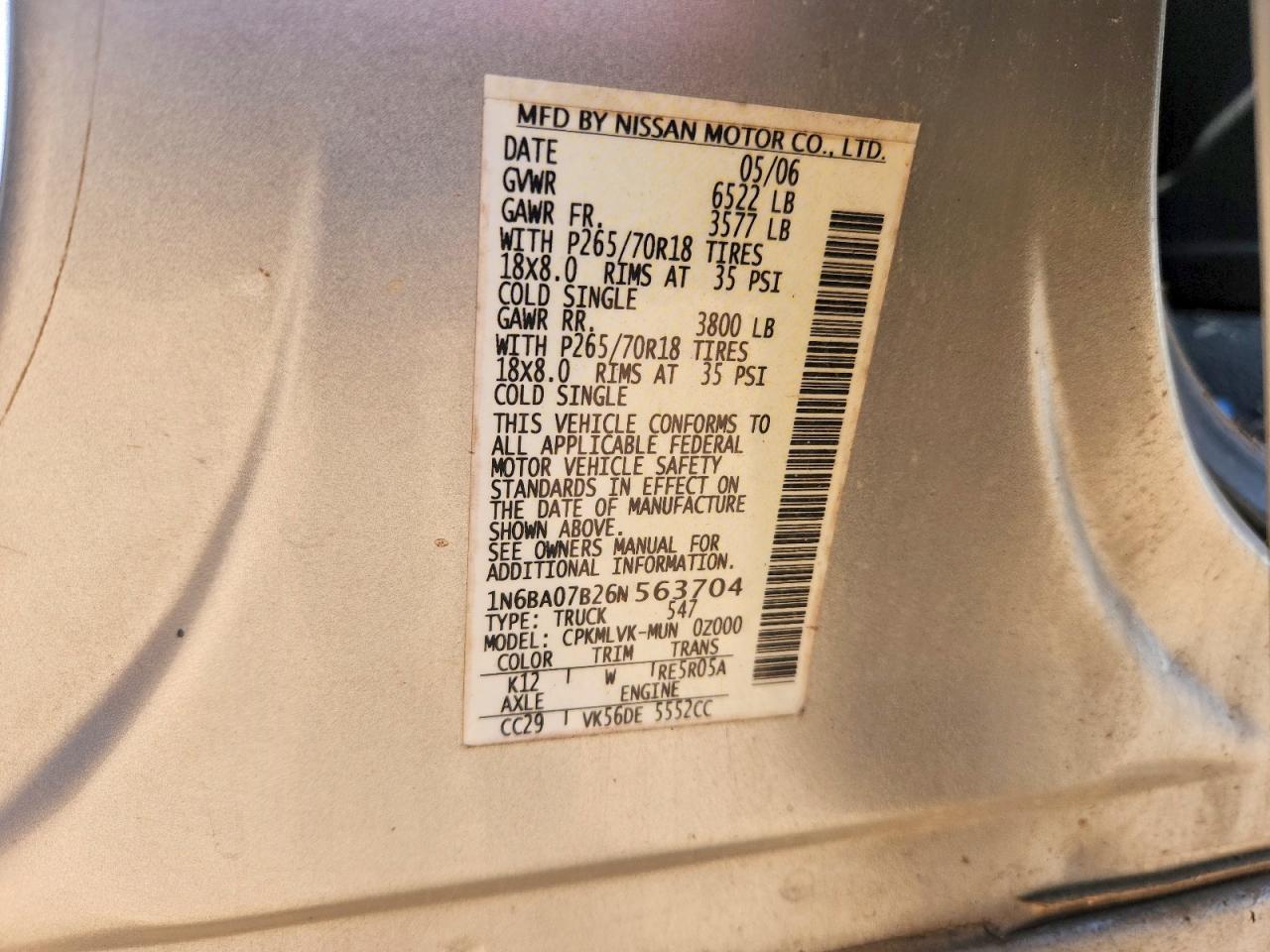 2006 Nissan Titan Xe Ffv Серебряный vin: 1N6BA07B26N563704