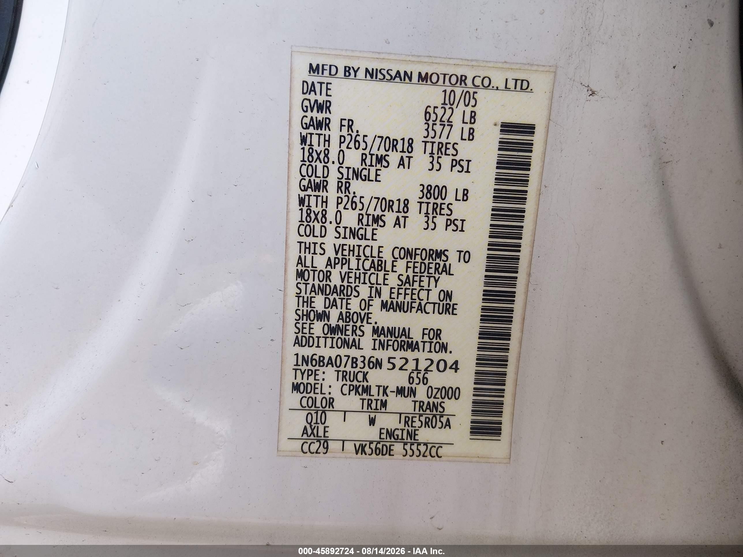 2006 Nissan Titan Se Белый vin: 1N6BA07B36N521204