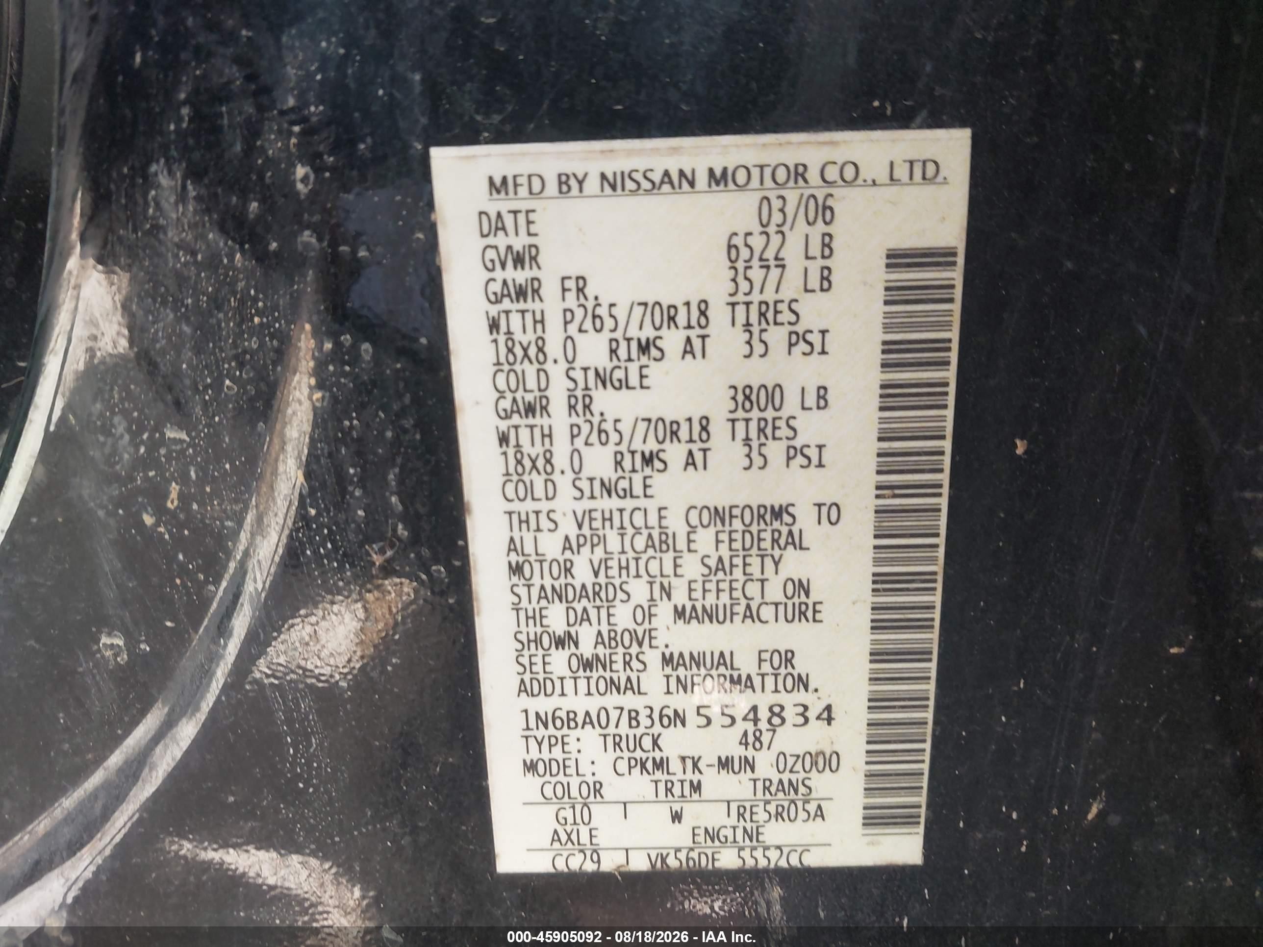 2006 Nissan Titan Se Black vin: 1N6BA07B36N554834