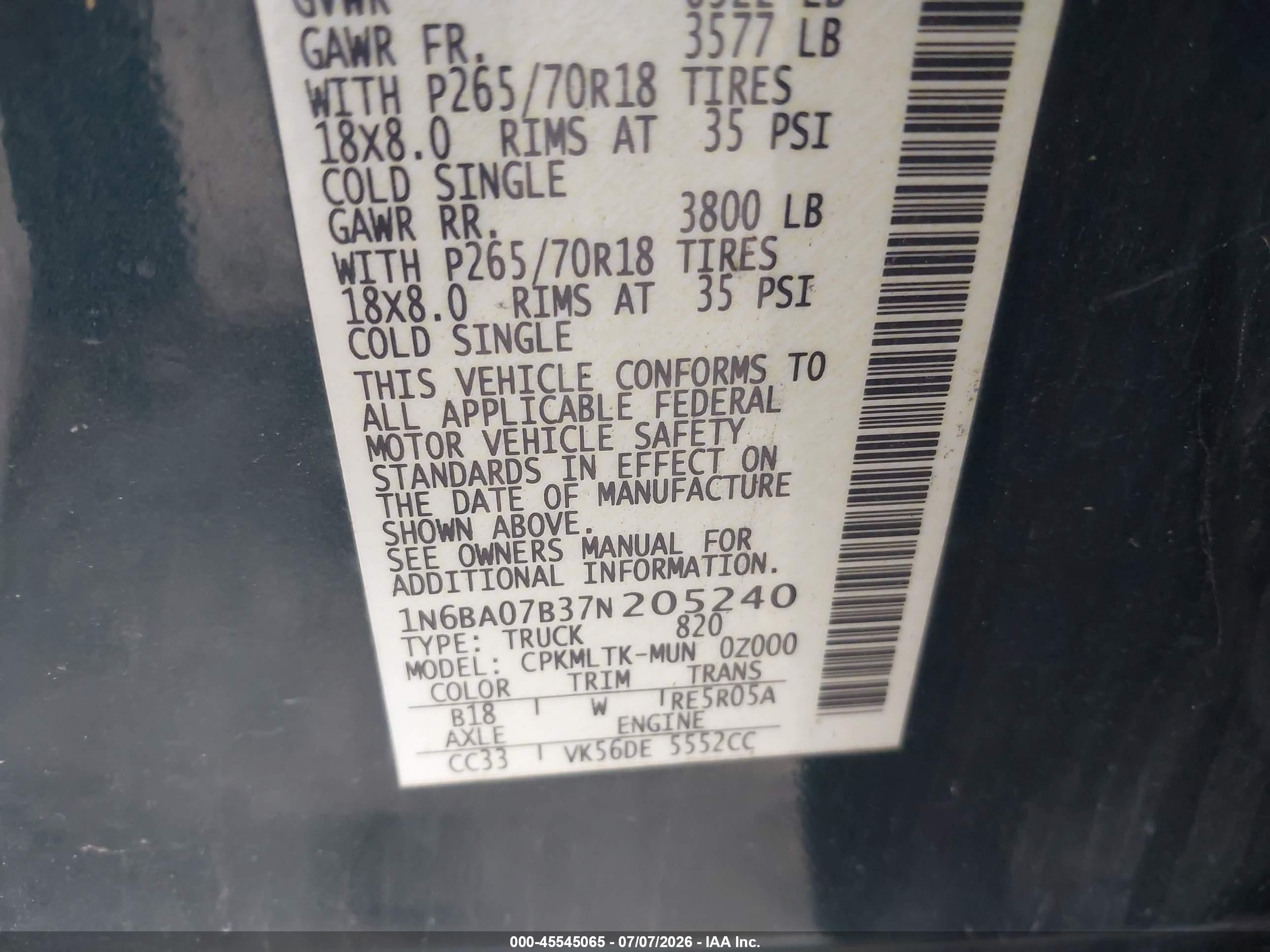 2007 Nissan Titan Se Blue vin: 1N6BA07B37N205240