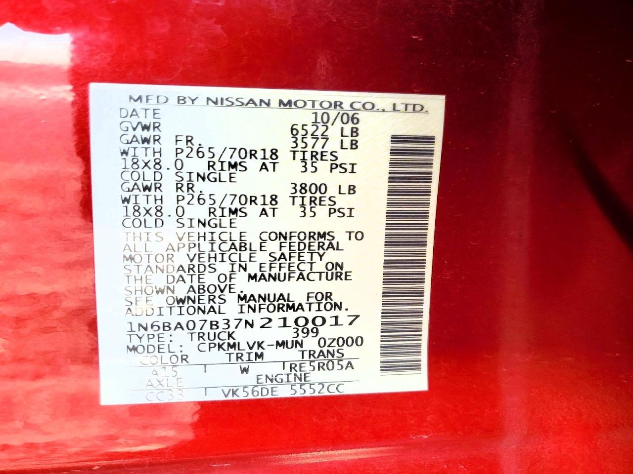 2007 Nissan Titan Xe Ffv Burgundy vin: 1N6BA07B37N210017