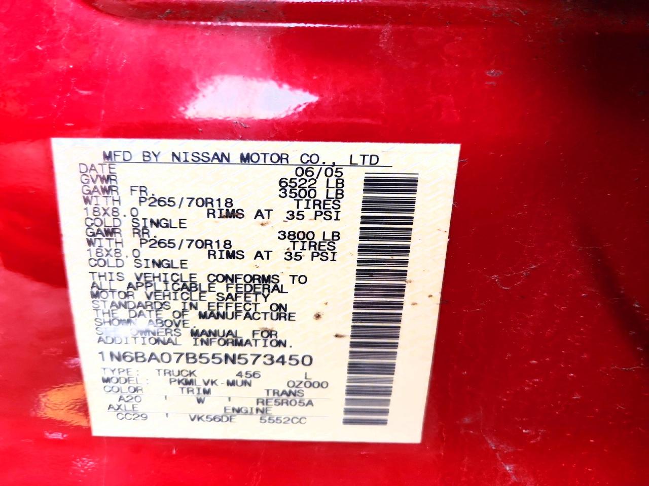 2005 Nissan Titan Xe/se/le Red vin: 1N6BA07B55N573450
