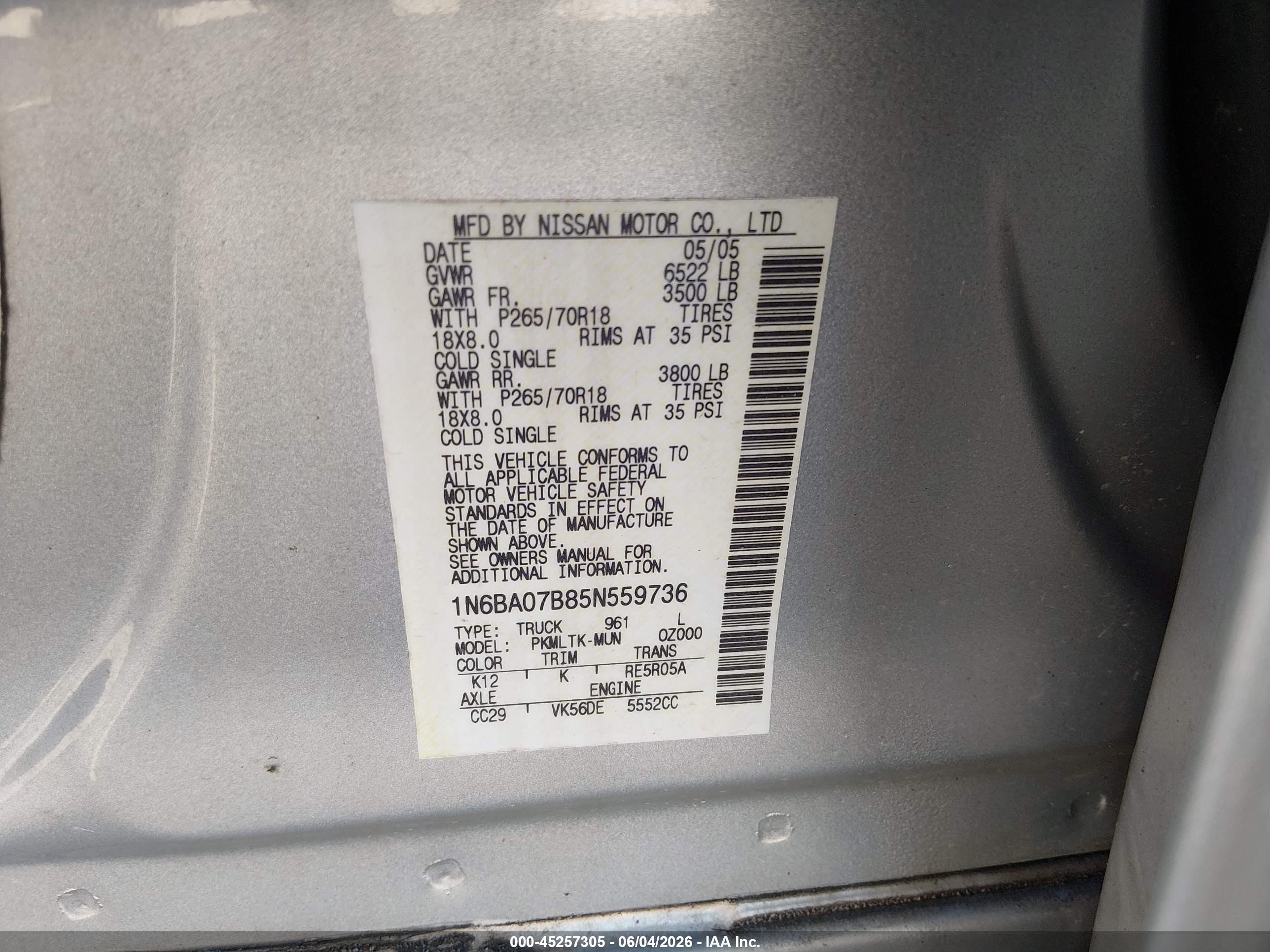 2005 Nissan Titan Se Silver vin: 1N6BA07B85N559736