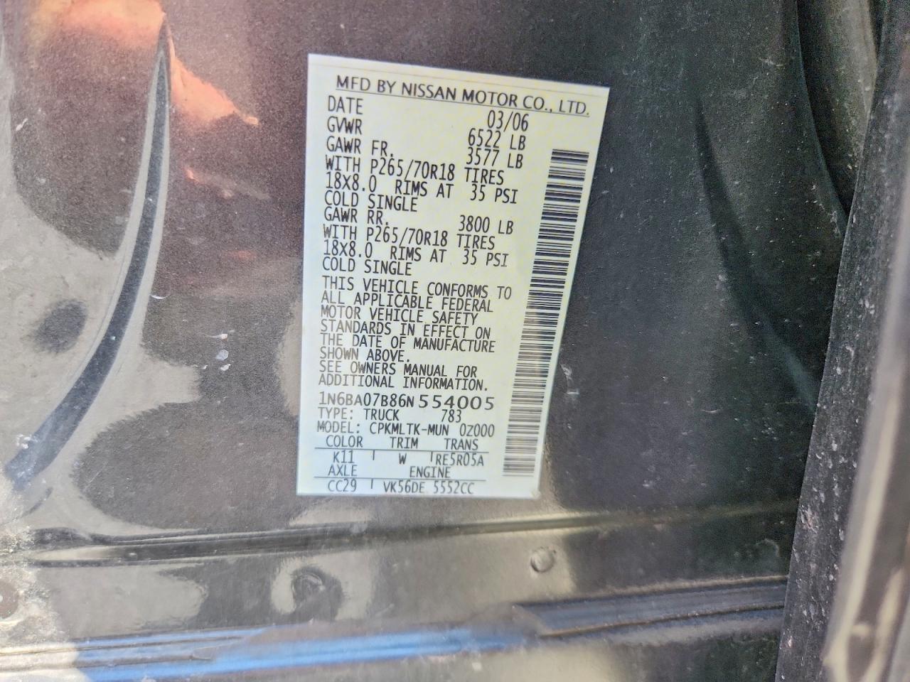 2006 Nissan Titan Xe Ffv Gray vin: 1N6BA07B86N554005