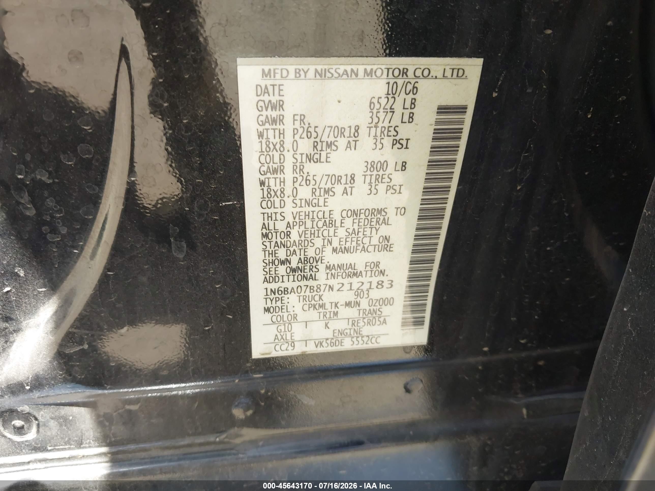 2007 Nissan Titan Se Black vin: 1N6BA07B87N212183