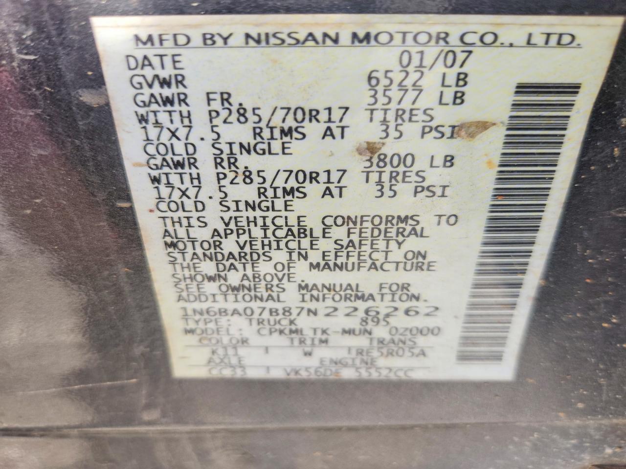 2007 Nissan Titan Xe Ffv Угольный vin: 1N6BA07B87N226262