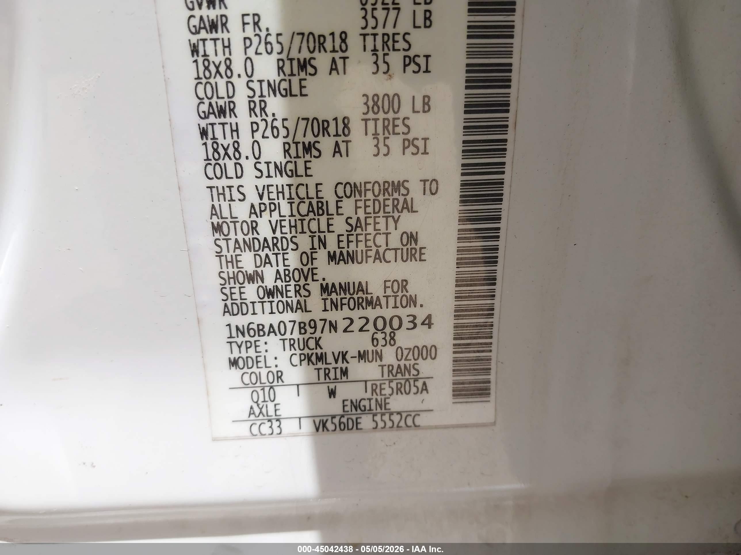 2007 Nissan Titan Le White vin: 1N6BA07B97N220034