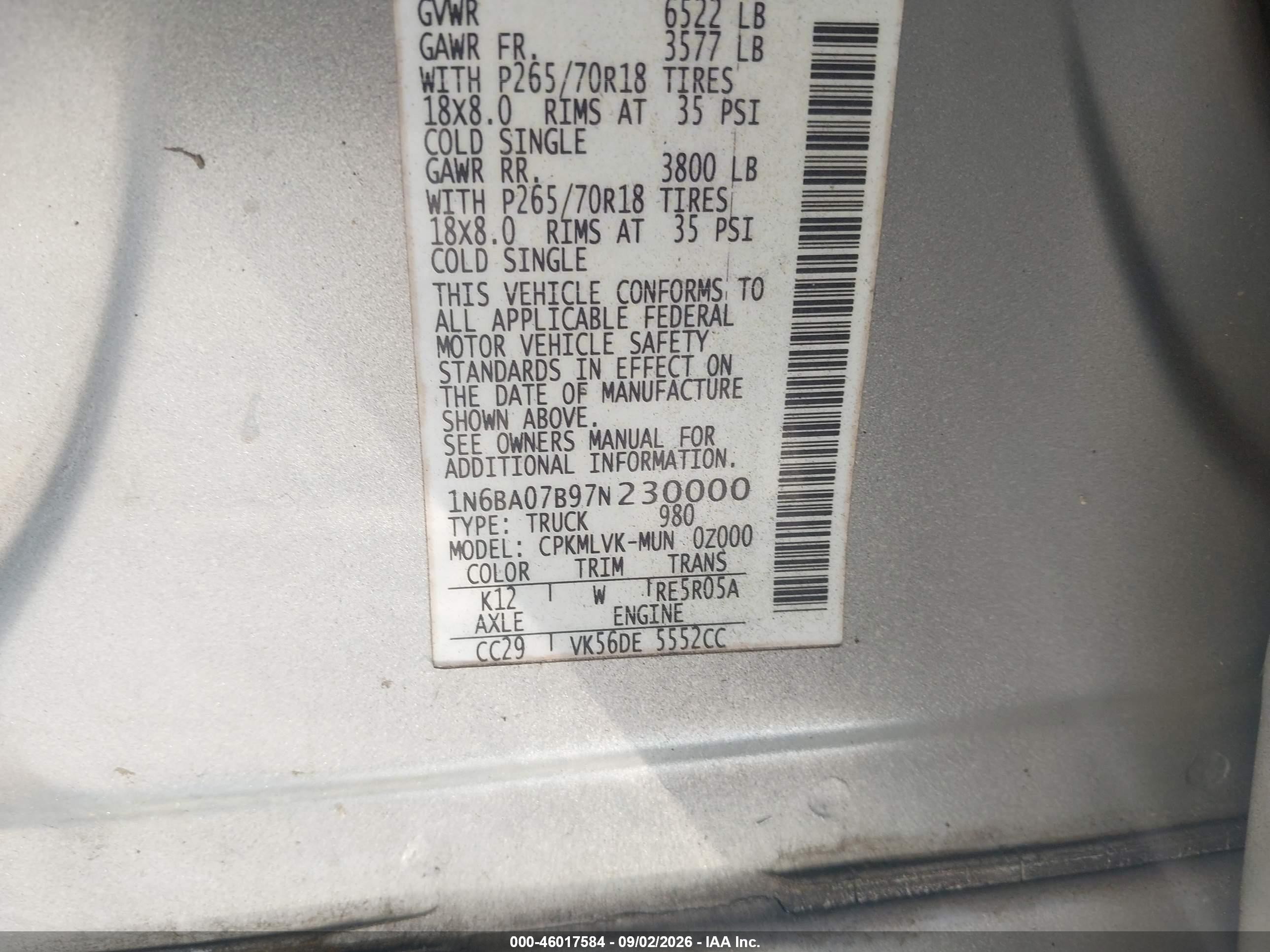 2007 Nissan Titan Le Серебряный vin: 1N6BA07B97N230000