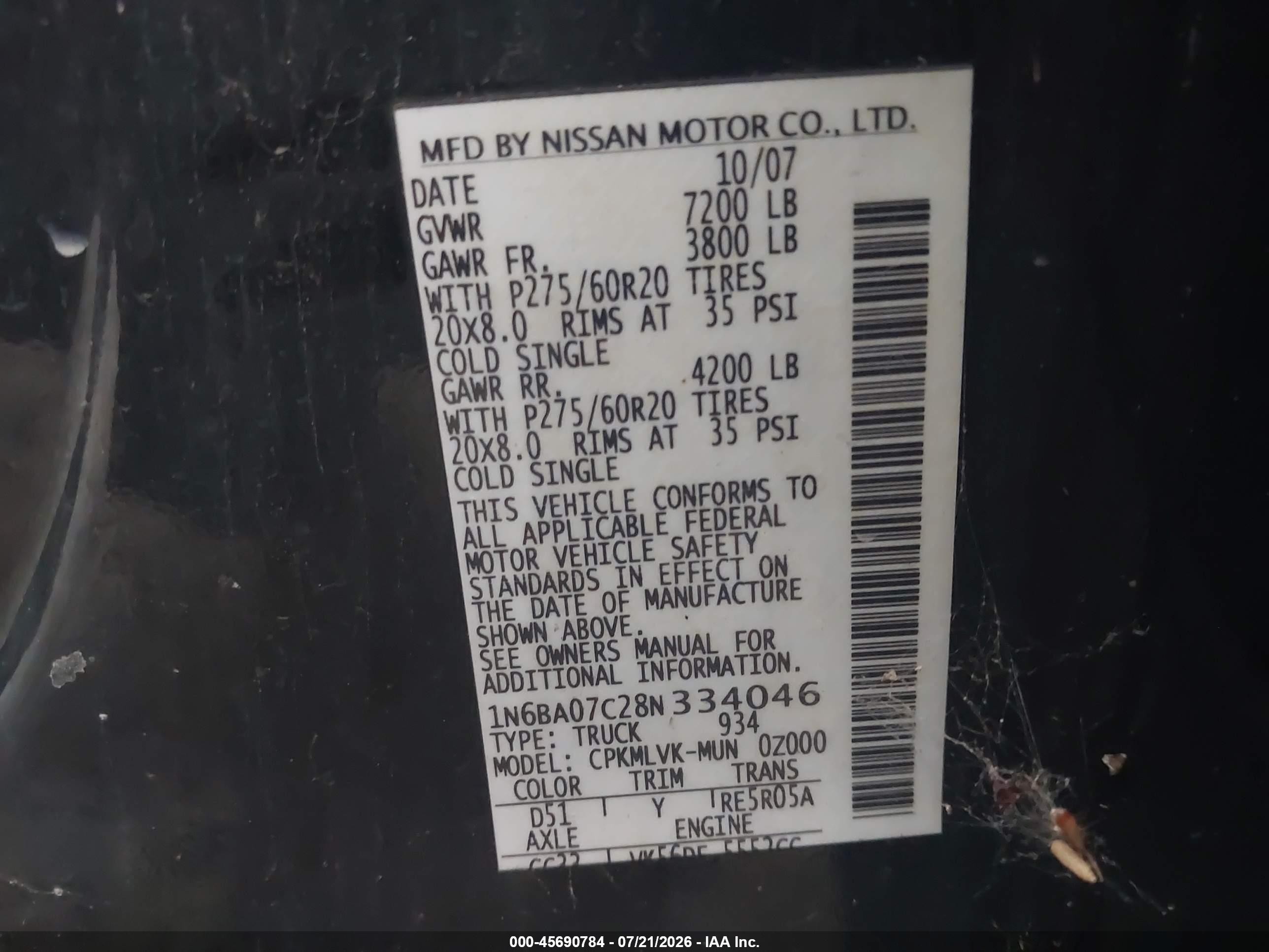 2008 Nissan Titan Le Gray vin: 1N6BA07C28N334046