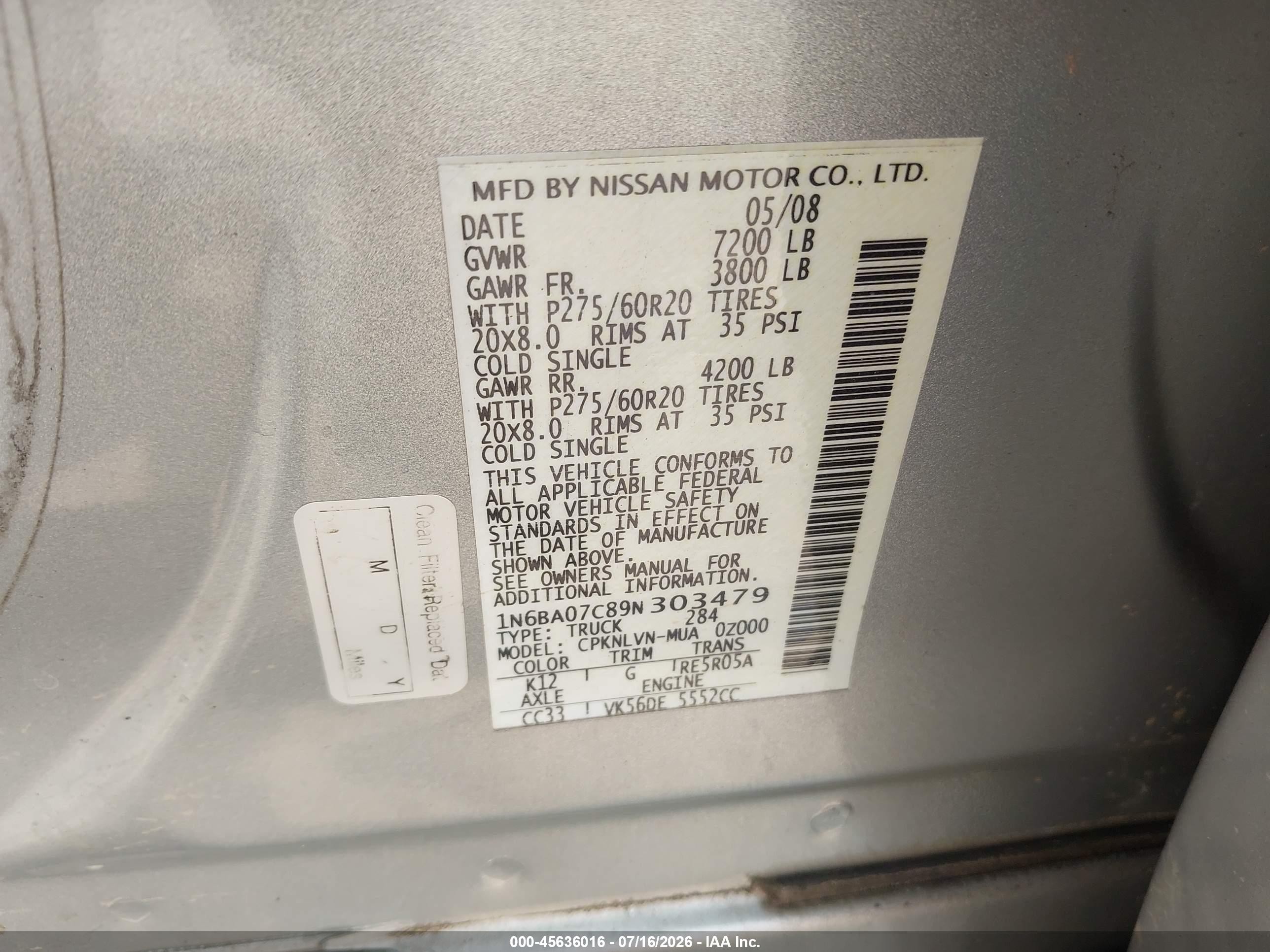 2009 Nissan Titan Le Silver vin: 1N6BA07C89N303479