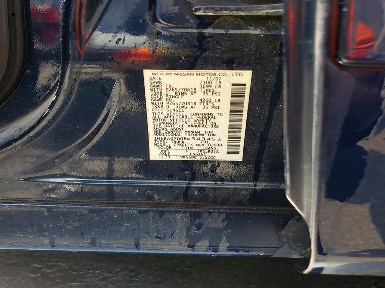 2008 Nissan Titan Xe Ffv Blue vin: 1N6BA07D08N343451