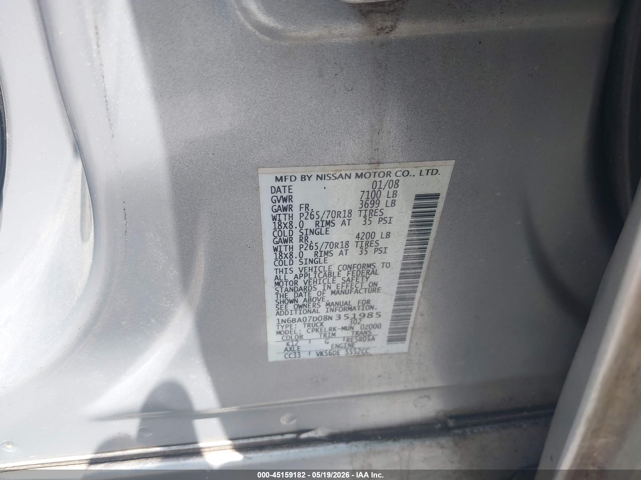 2008 Nissan Titan Le/se Silver vin: 1N6BA07D08N351985