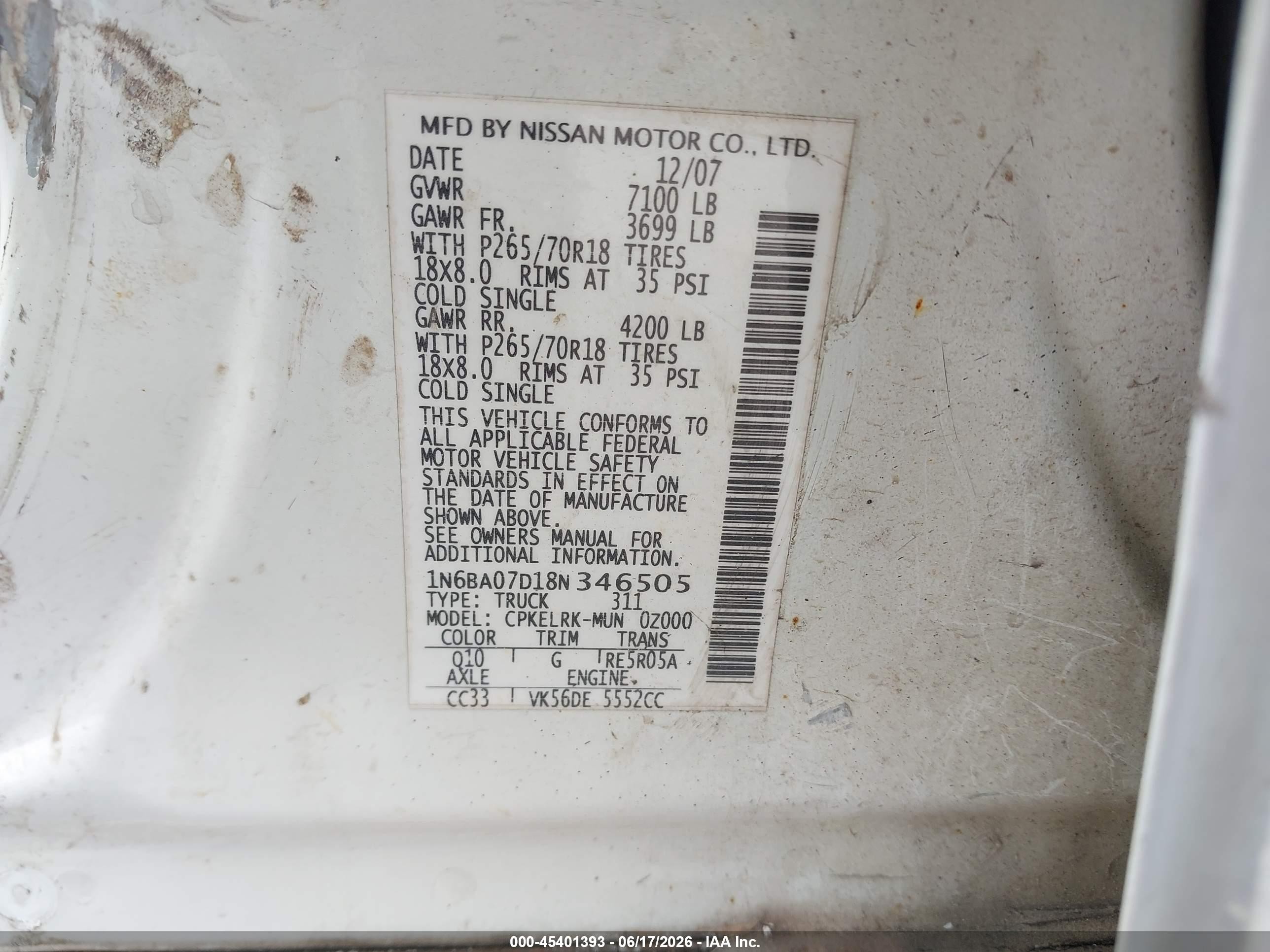 2008 Nissan Titan Le/se/xe White vin: 1N6BA07D18N346505