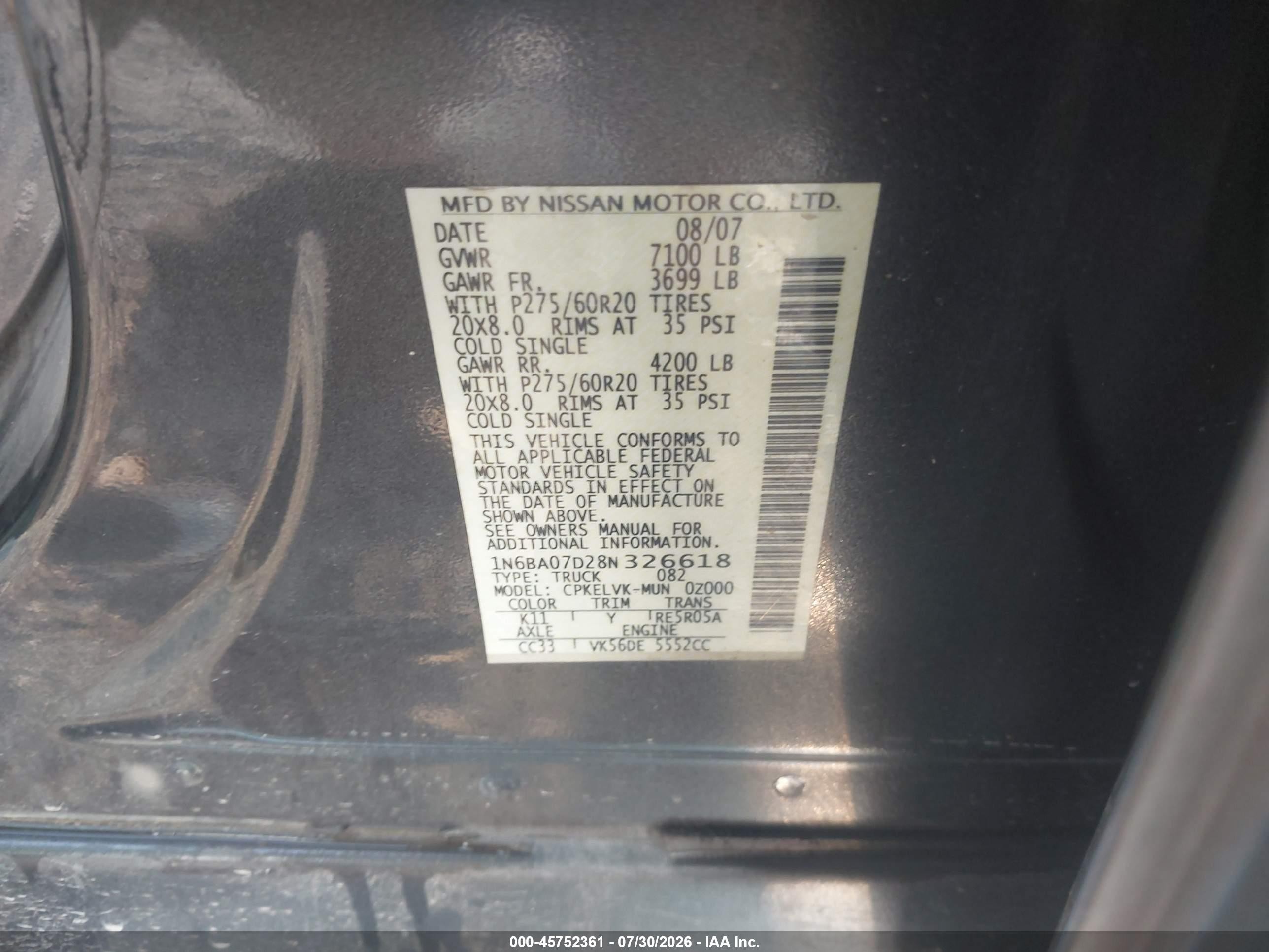 2008 Nissan Titan Le Gray vin: 1N6BA07D28N326618