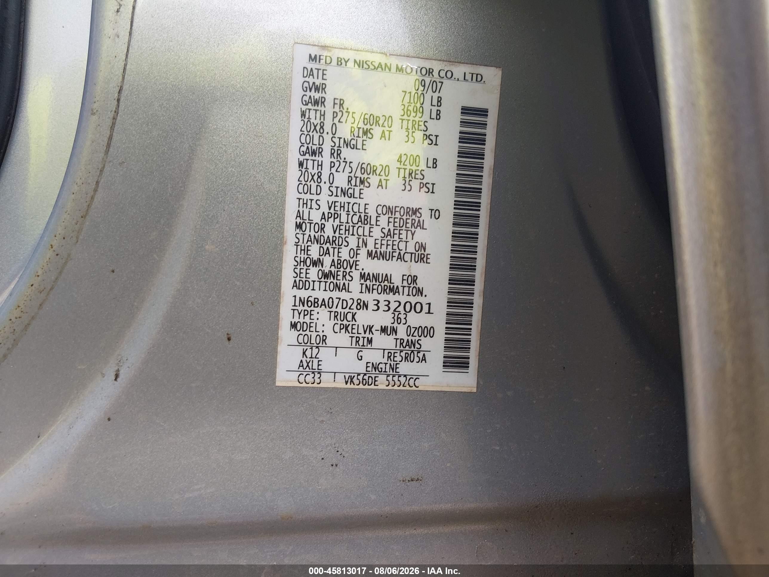 2008 Nissan Titan Le Silver vin: 1N6BA07D28N332001