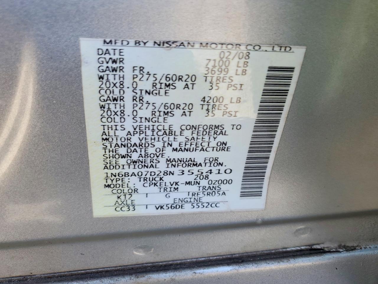 2008 Nissan Titan Xe Ffv Silver vin: 1N6BA07D28N355410