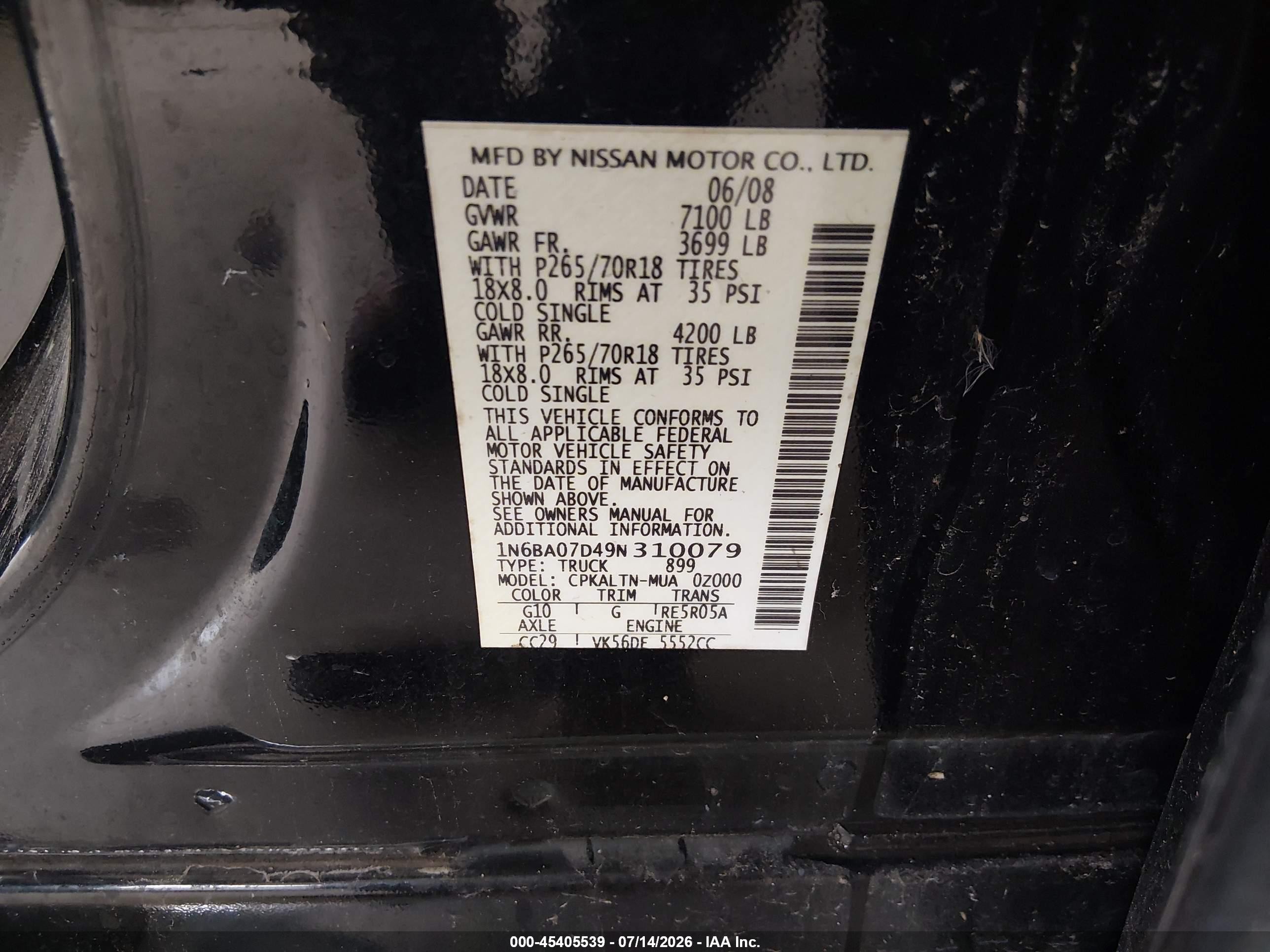 2009 Nissan Titan Se Black vin: 1N6BA07D49N310079