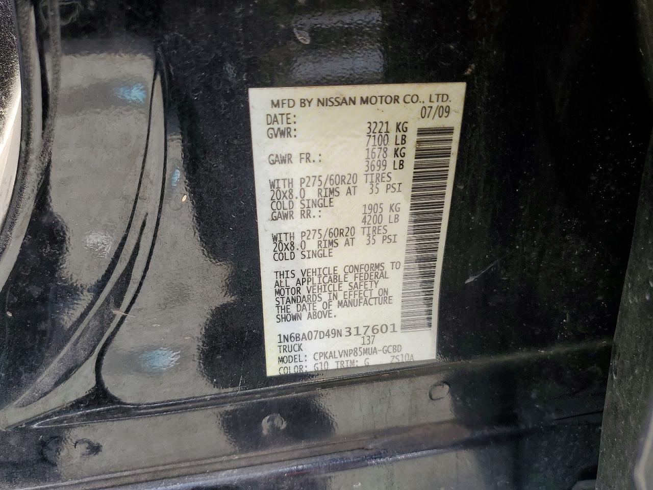 2009 Nissan Titan Xe Ffv Black vin: 1N6BA07D49N317601