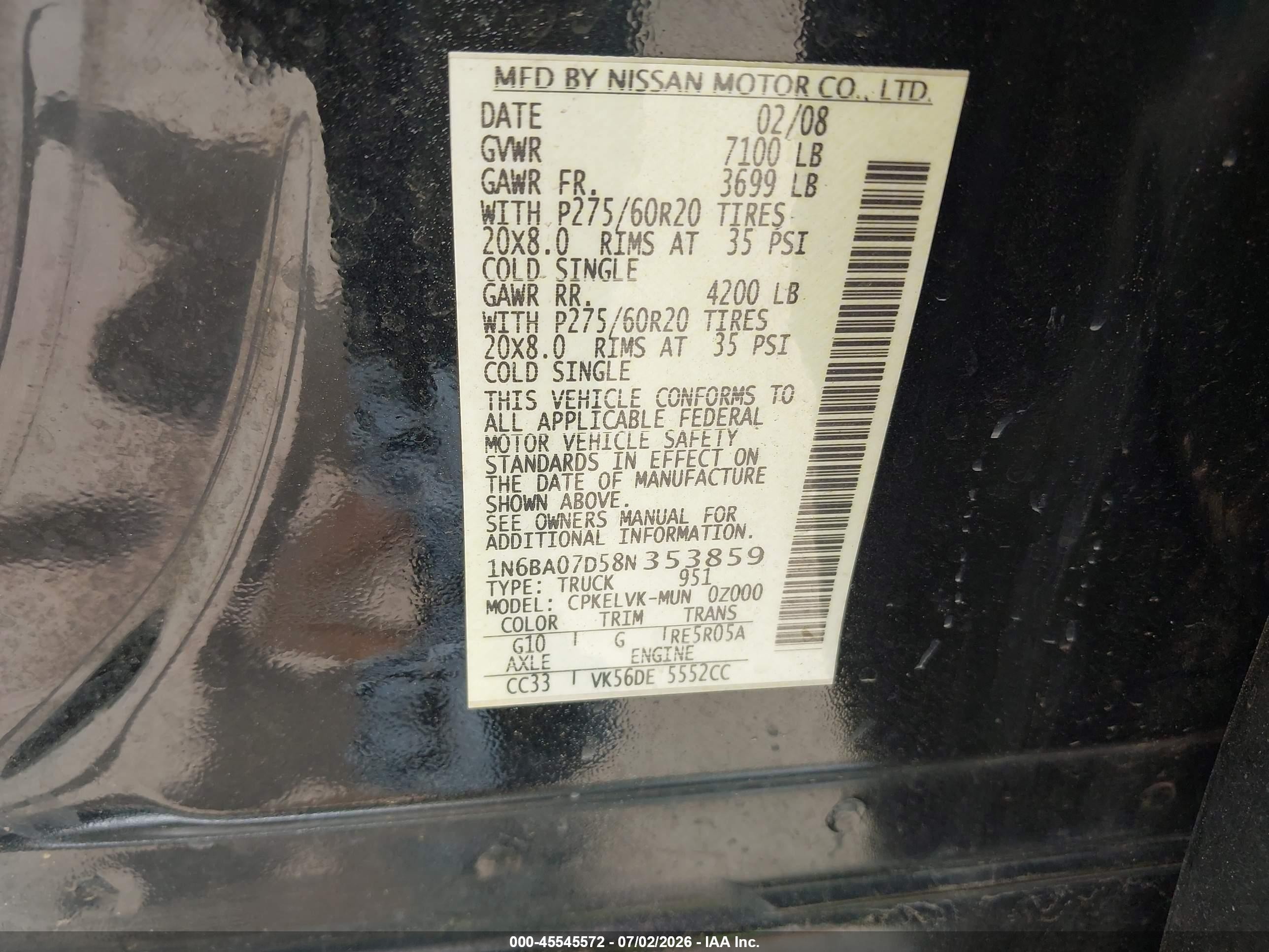 2008 Nissan Titan Se Black vin: 1N6BA07D58N353859
