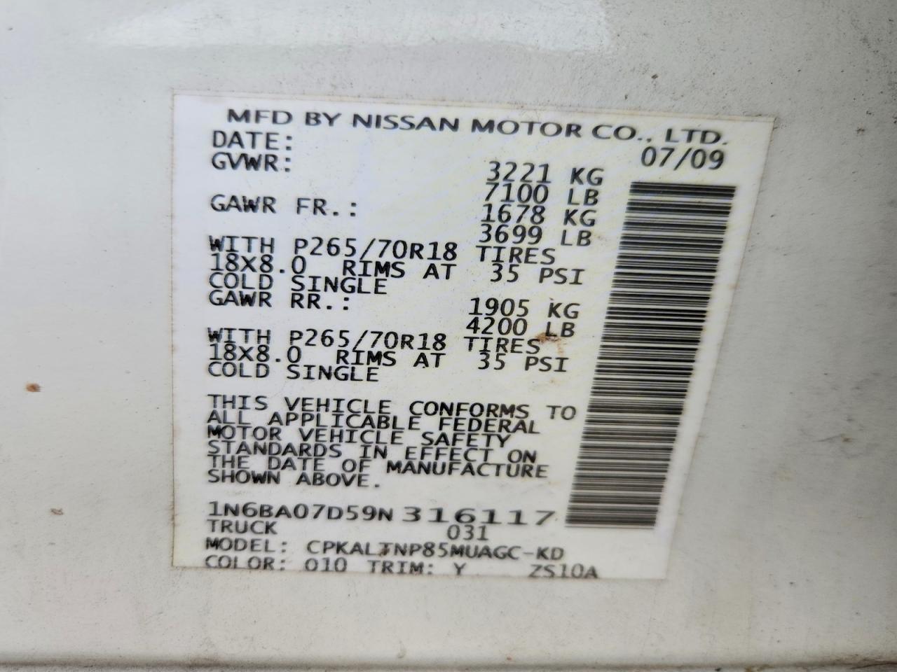 2009 Nissan Titan Xe Ffv White vin: 1N6BA07D59N316117