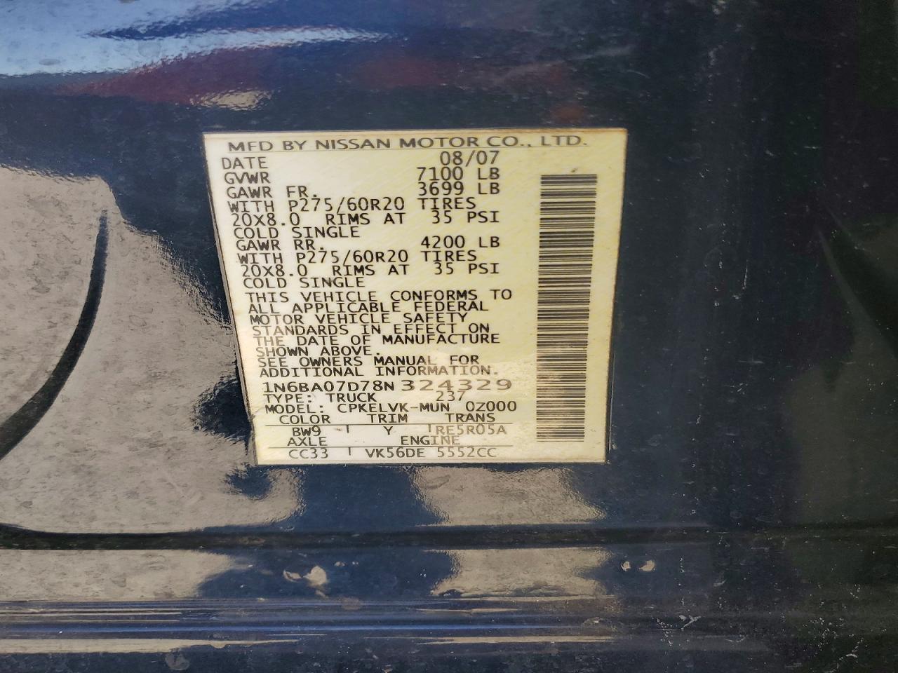 2008 Nissan Titan Xe Ffv Blue vin: 1N6BA07D78N324329
