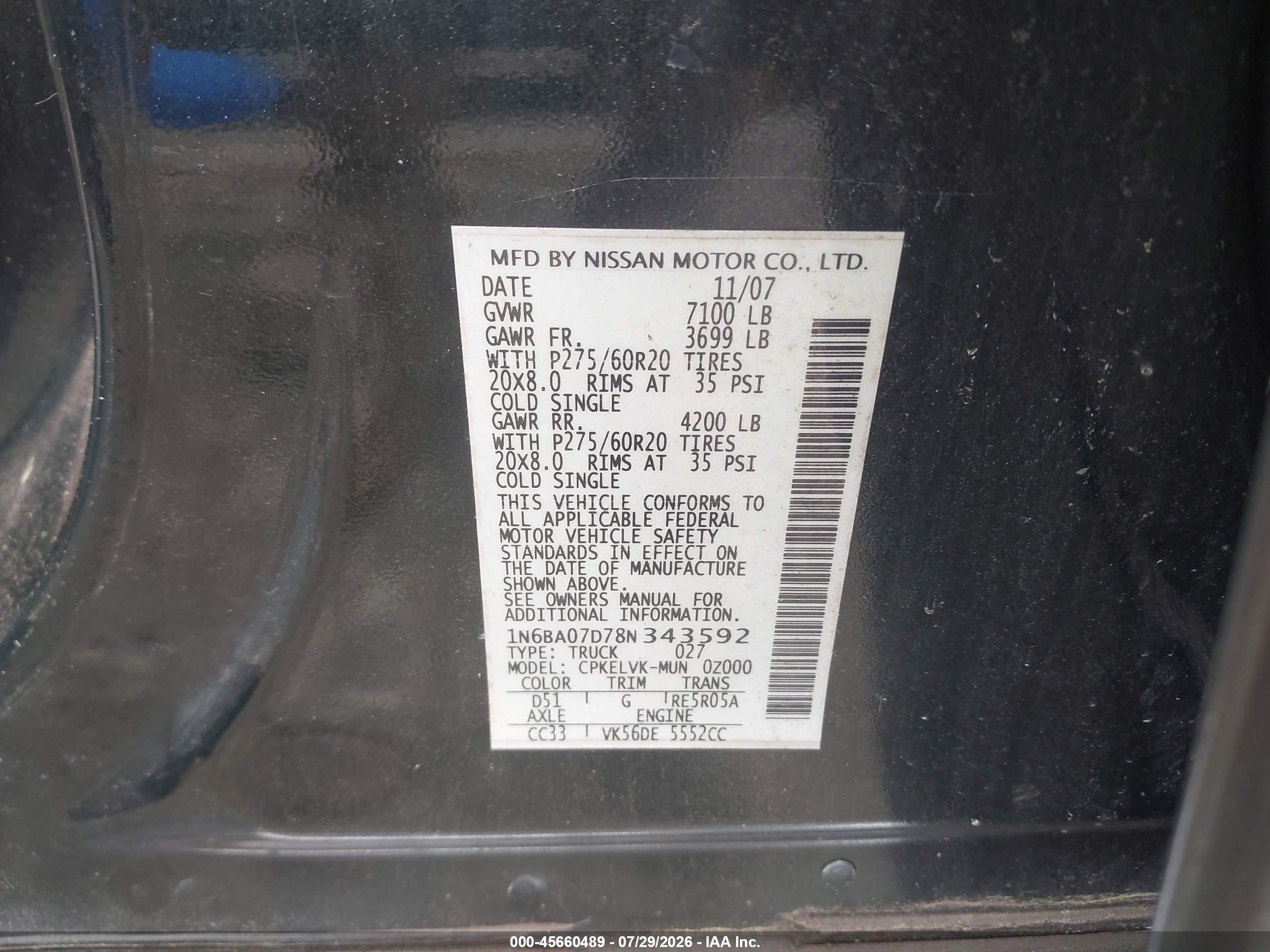 2008 Nissan Titan Se Black vin: 1N6BA07D78N343592