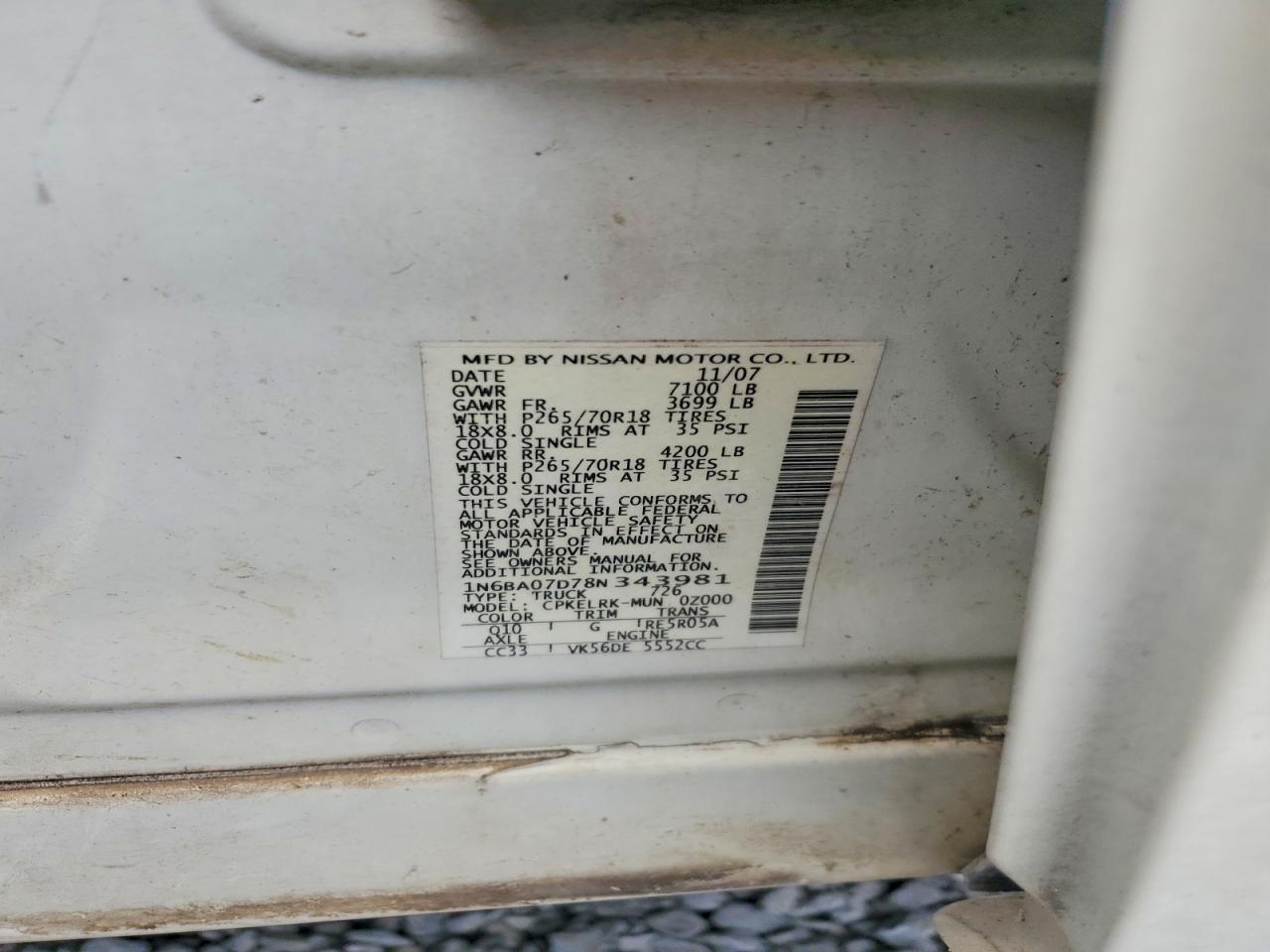 2008 Nissan Titan Xe Ffv White vin: 1N6BA07D78N343981