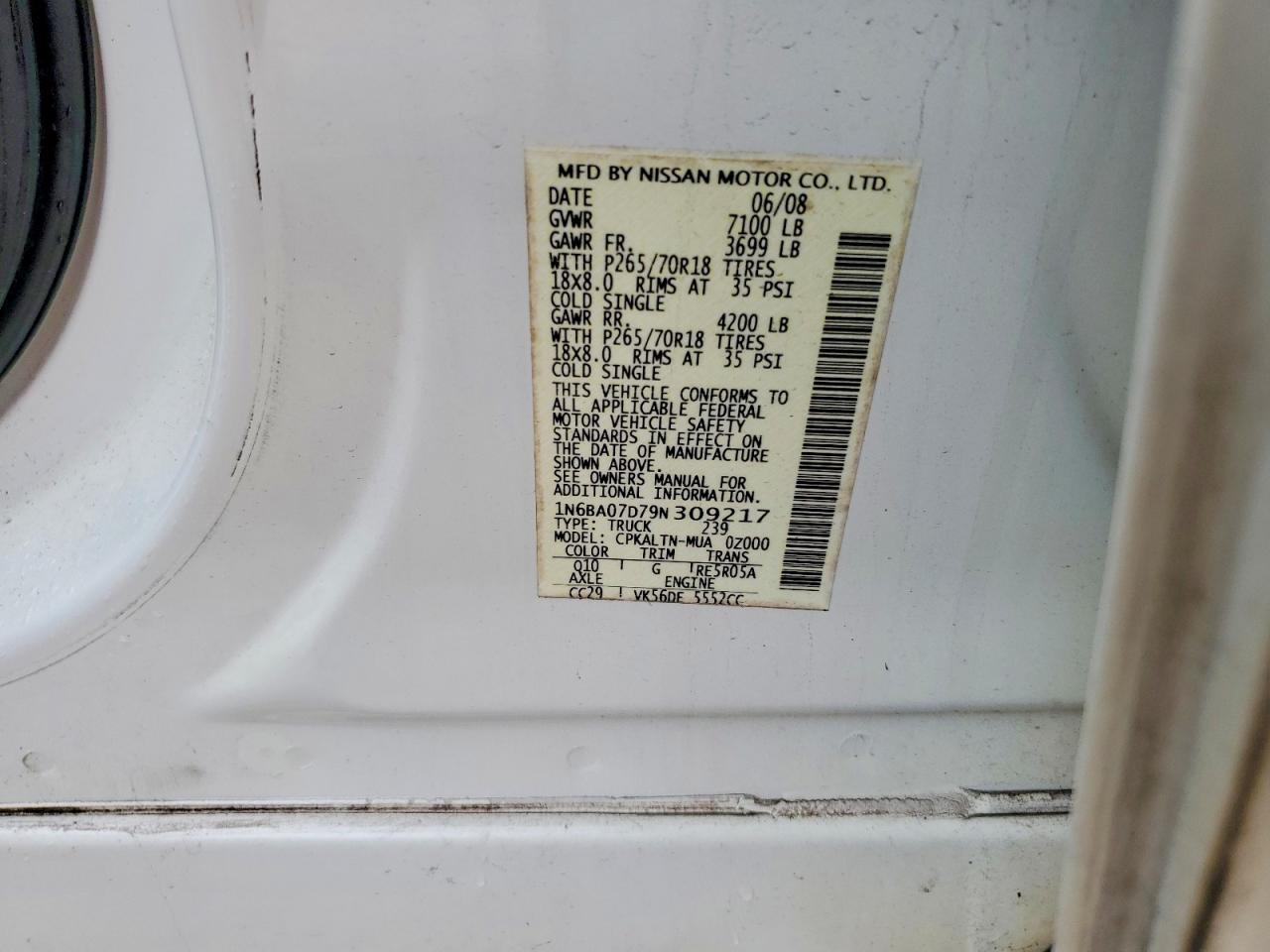 2009 Nissan Titan Xe Ffv White vin: 1N6BA07D79N309217