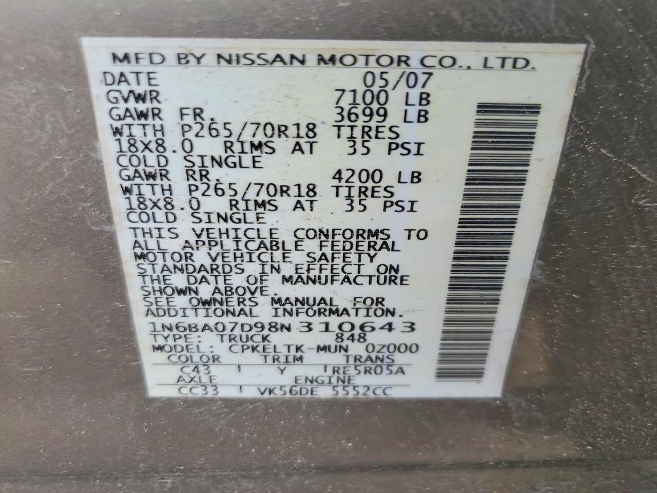 2008 Nissan Titan Xe Ffv Beige vin: 1N6BA07D98N310643