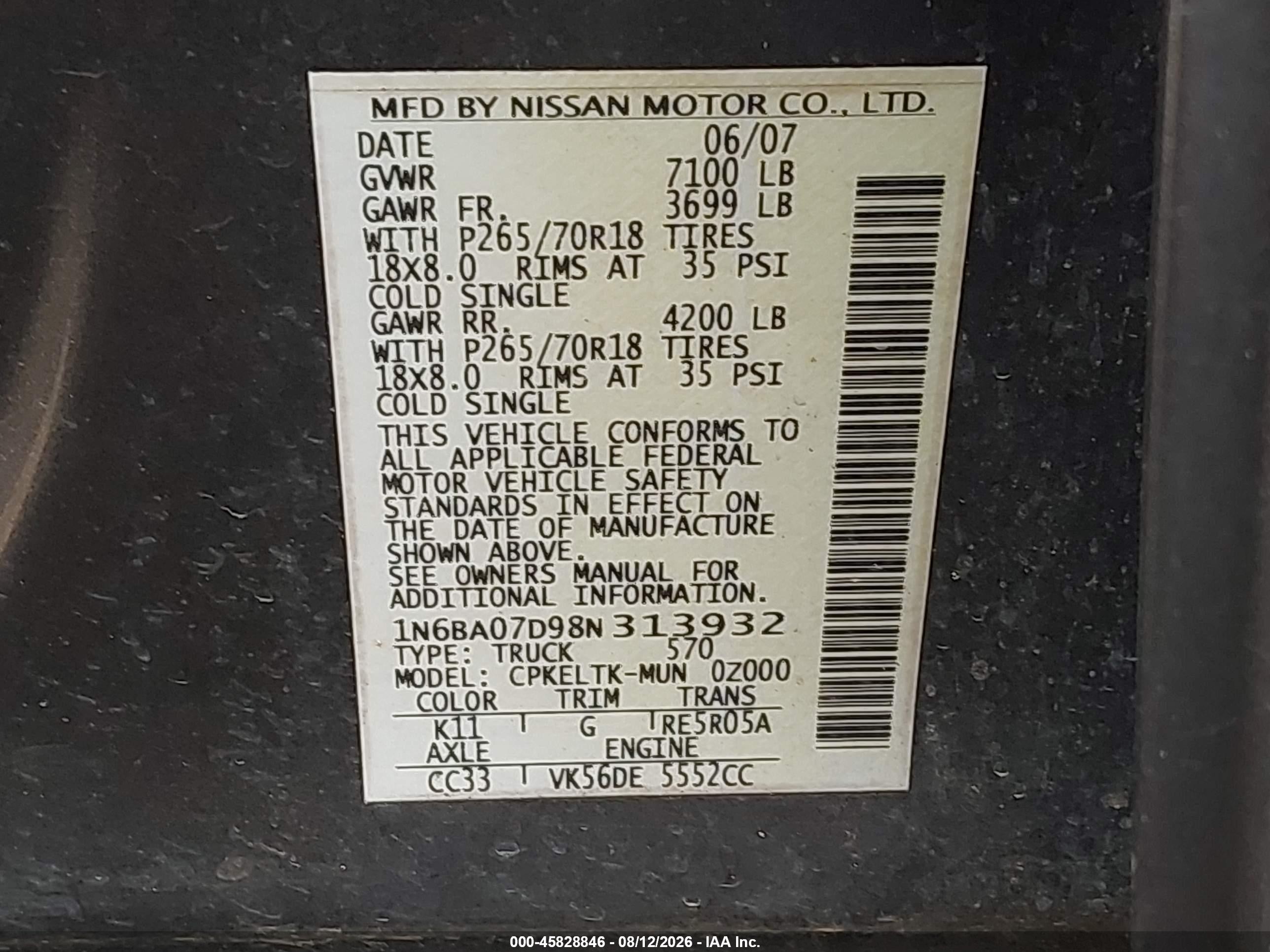 2008 Nissan Titan Se Gray vin: 1N6BA07D98N313932
