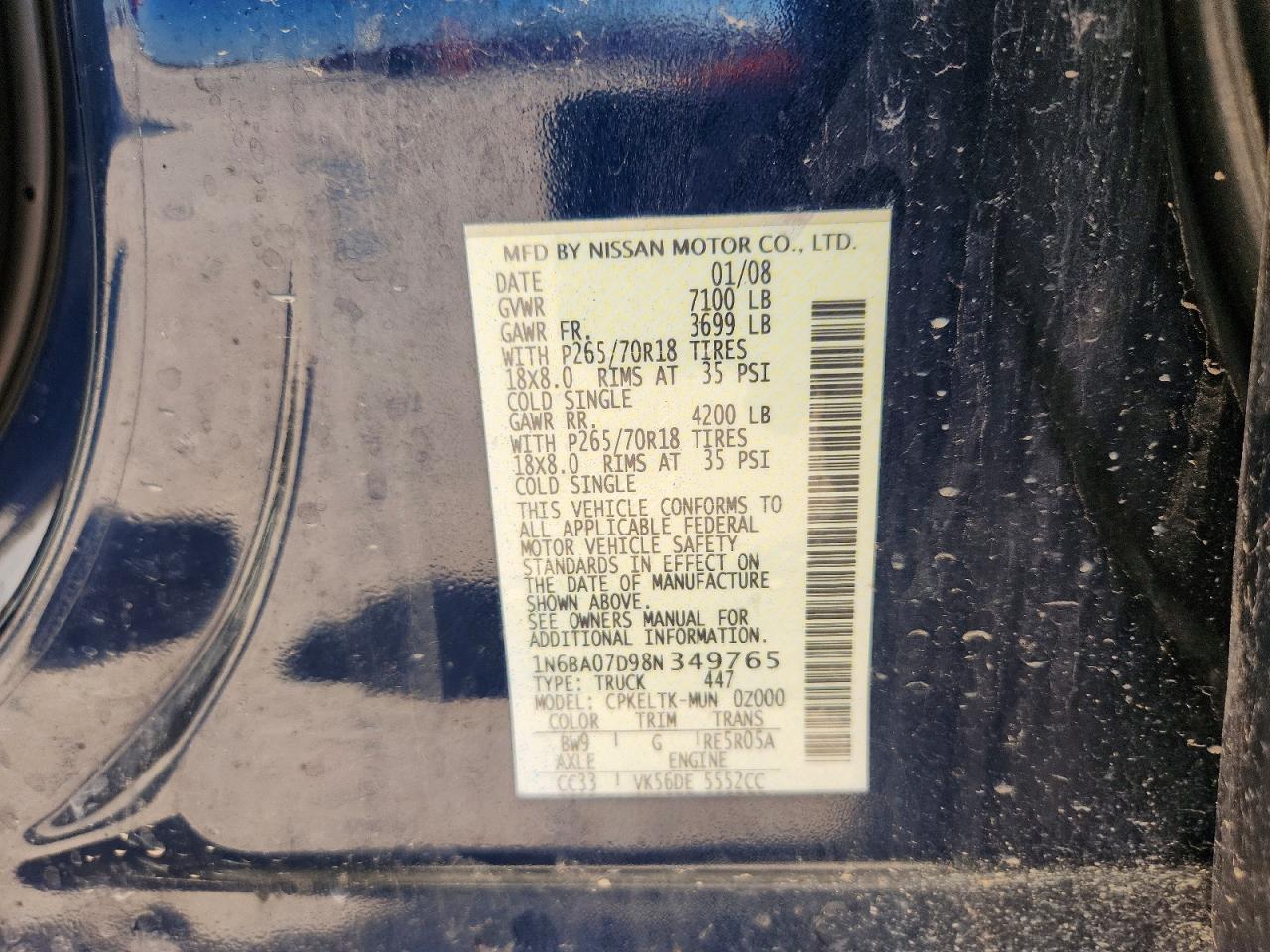 2008 Nissan Titan Xe Ffv Blue vin: 1N6BA07D98N349765