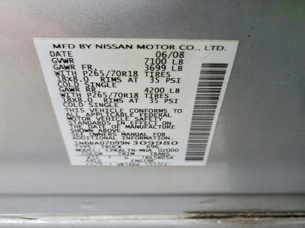 2009 Nissan Titan Xe Ffv Silver vin: 1N6BA07D99N309980