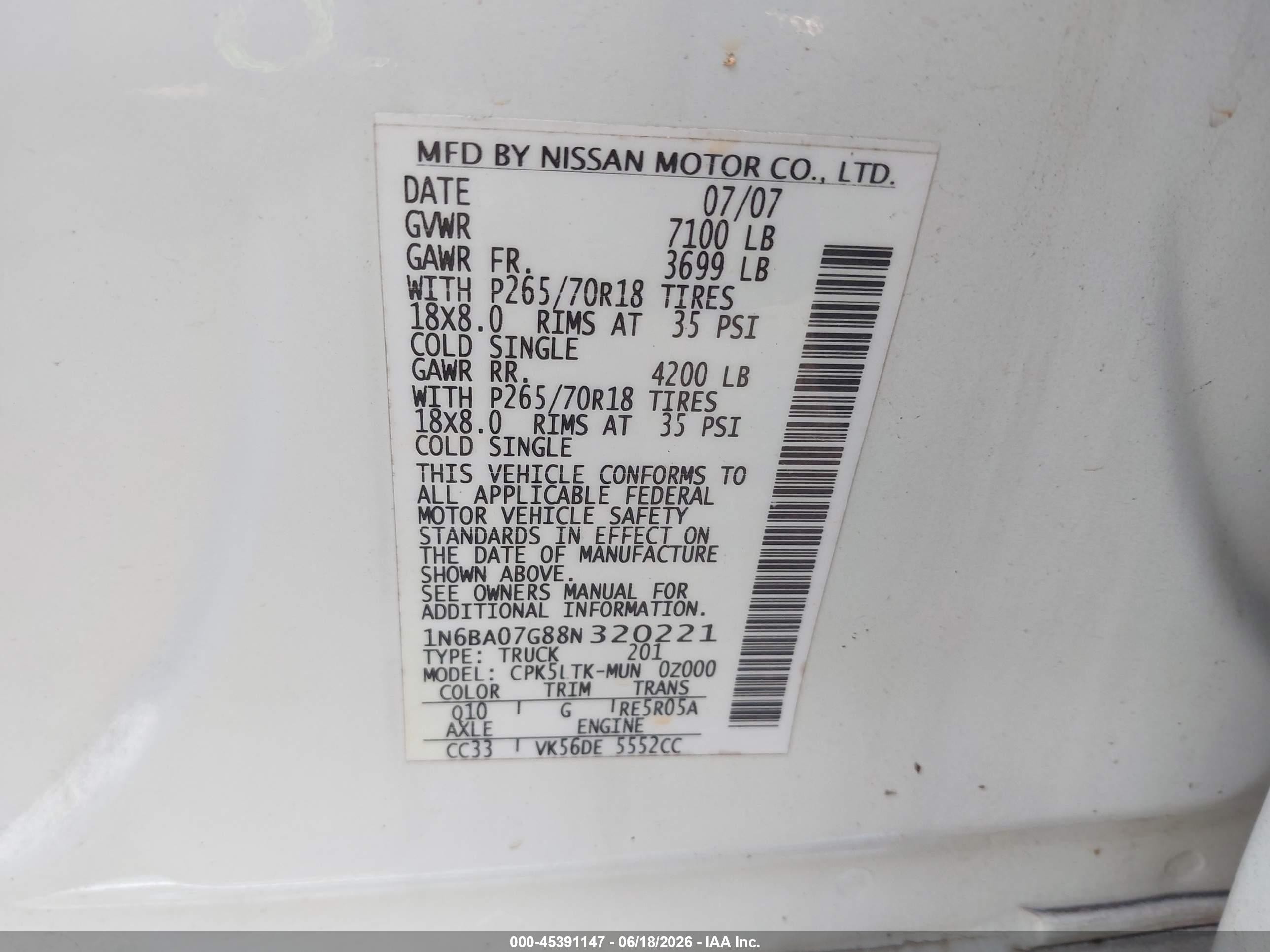 2008 Nissan Titan Se White vin: 1N6BA07G88N320221
