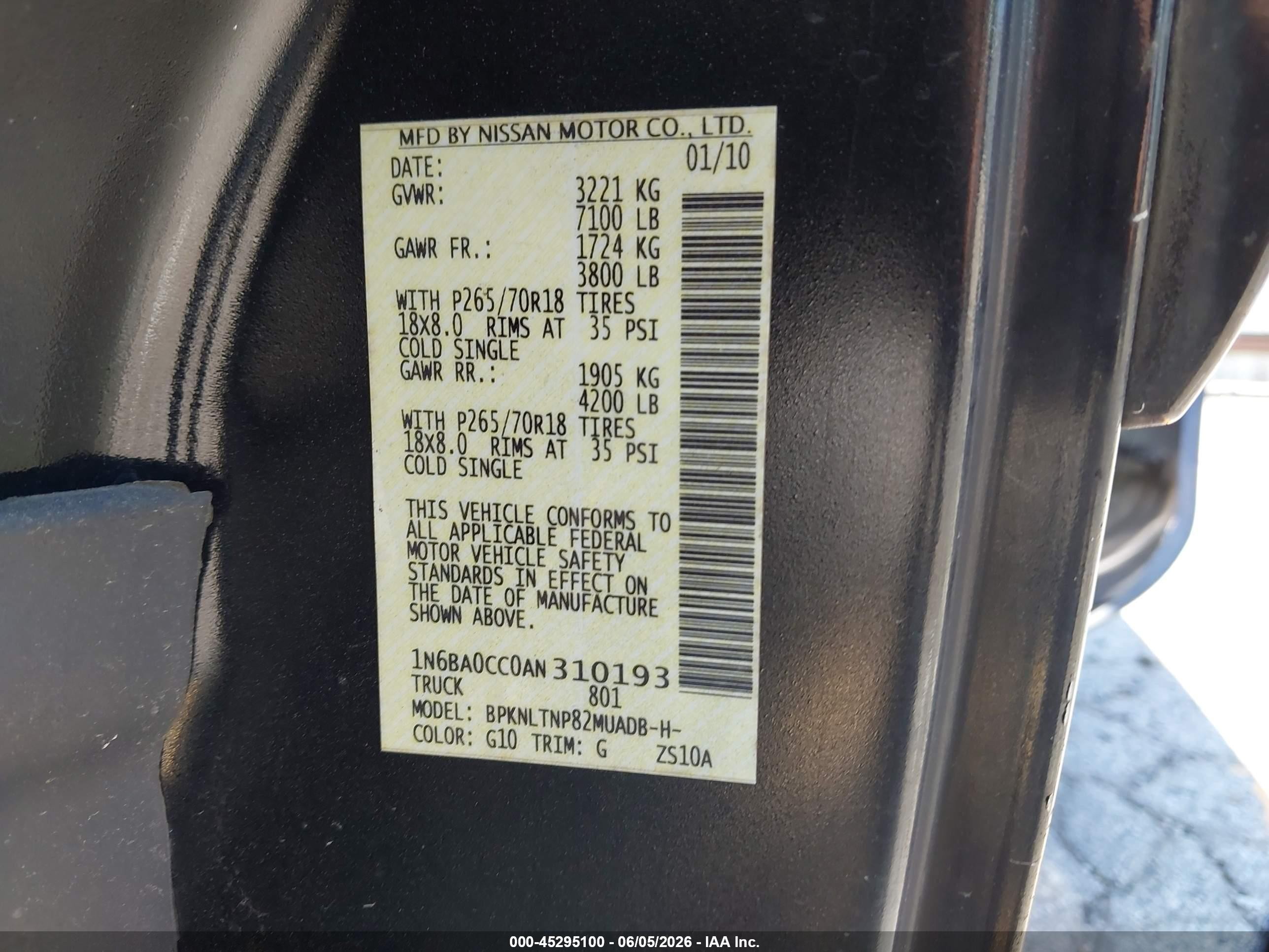 2010 Nissan Titan Se Black vin: 1N6BA0CC0AN310193