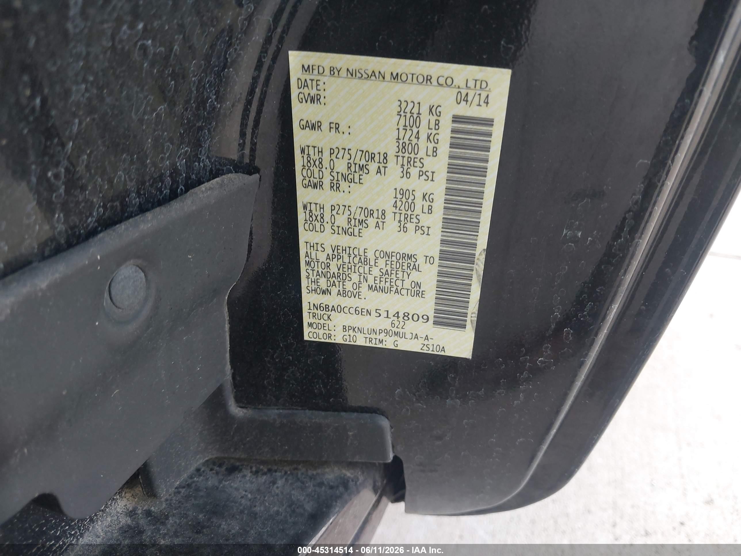2014 Nissan Titan Pro-4x/s/sv Черный vin: 1N6BA0CC6EN514809