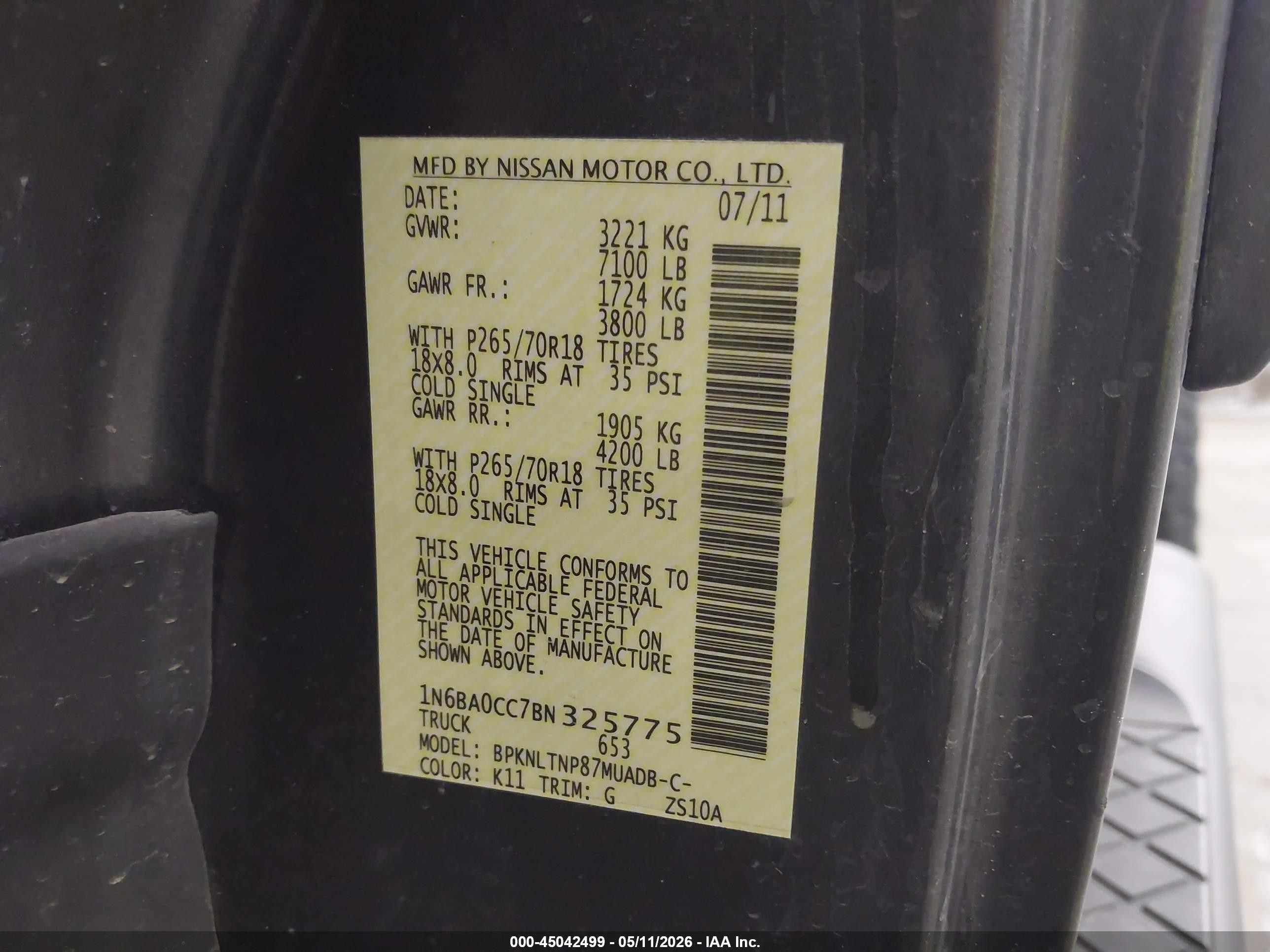2011 Nissan Titan Sv Gray vin: 1N6BA0CC7BN325775
